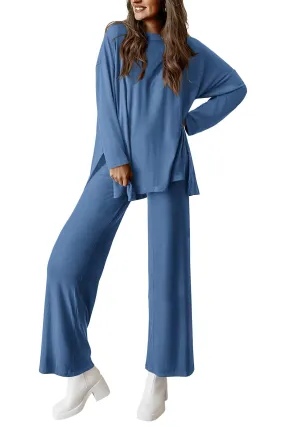 Long Sleeve High Low Tops T-Shirts Wide Leg Pants Two Piece Sets