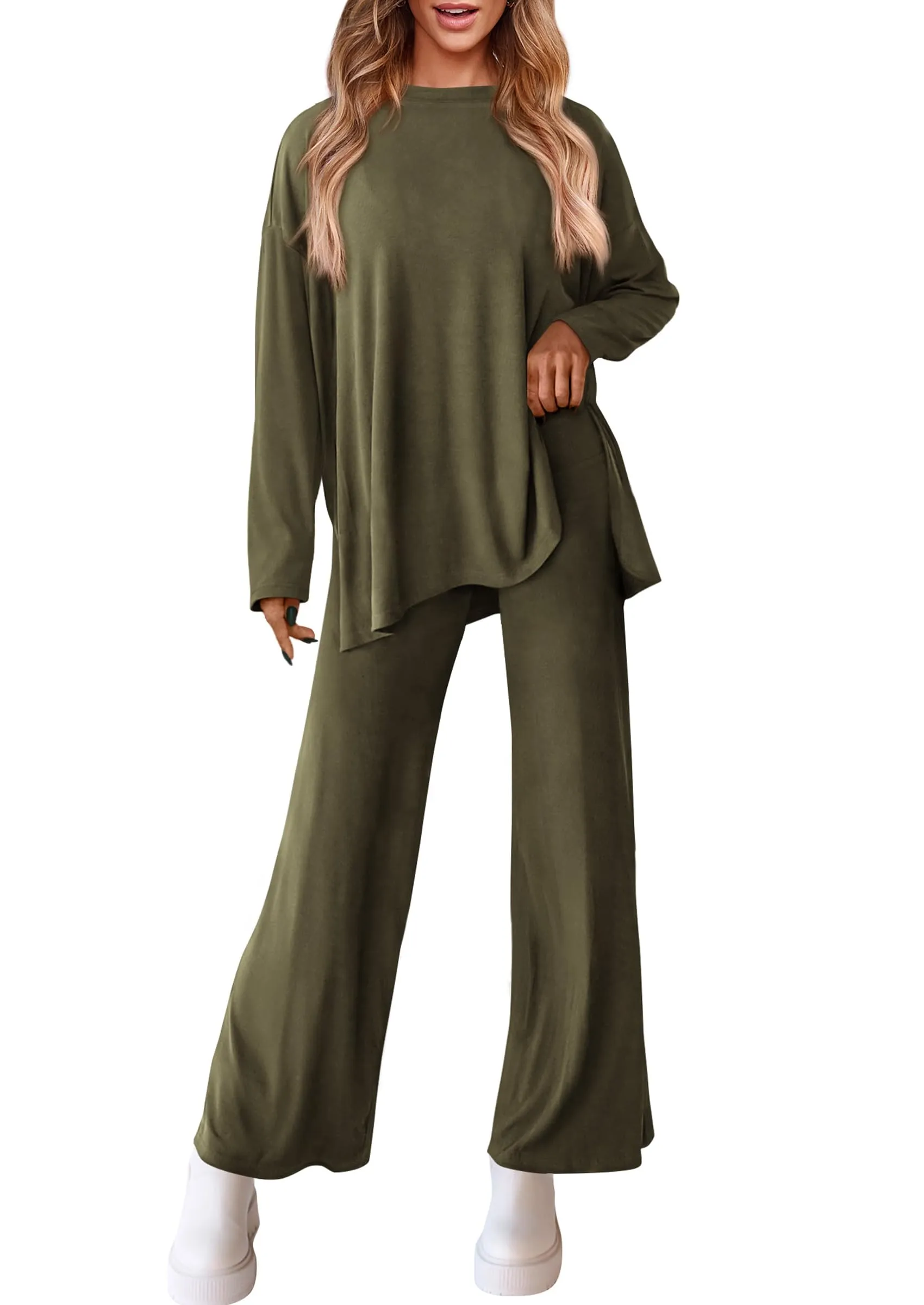 Long Sleeve High Low Tops T-Shirts Wide Leg Pants Two Piece Sets