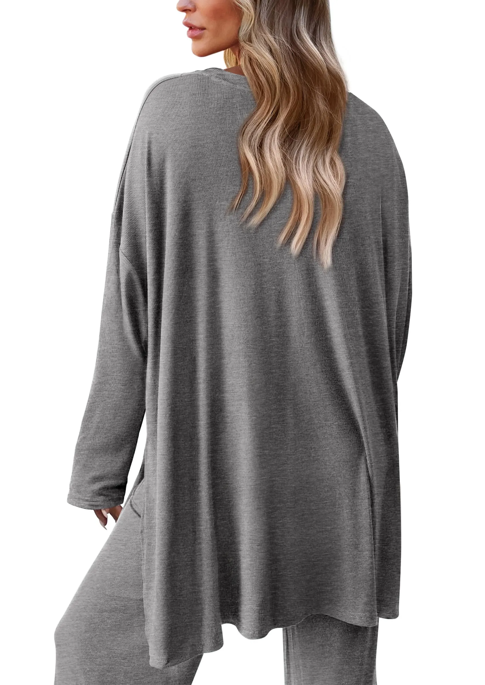 Long Sleeve High Low Tops T-Shirts Wide Leg Pants Two Piece Sets