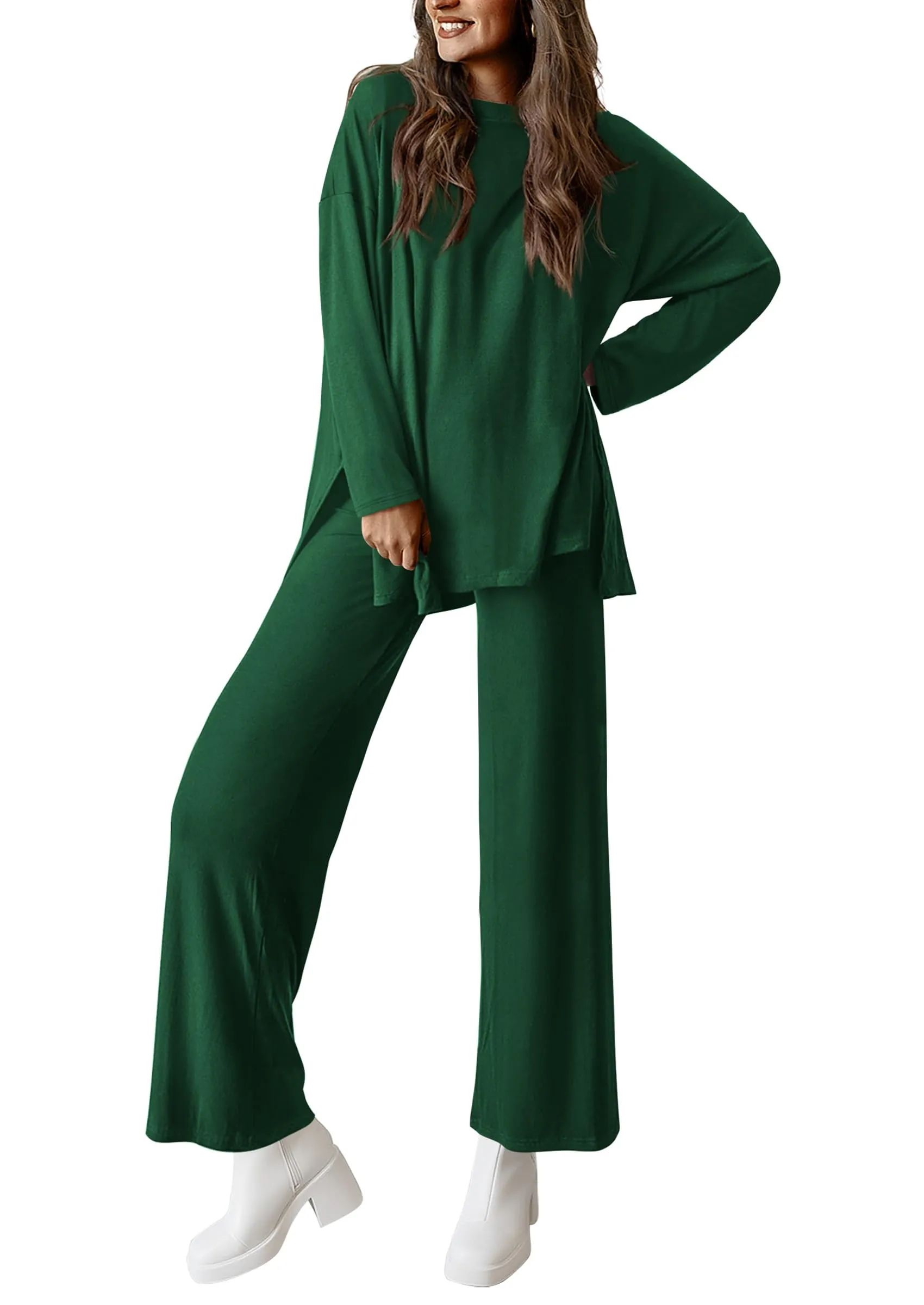 Long Sleeve High Low Tops T-Shirts Wide Leg Pants Two Piece Sets