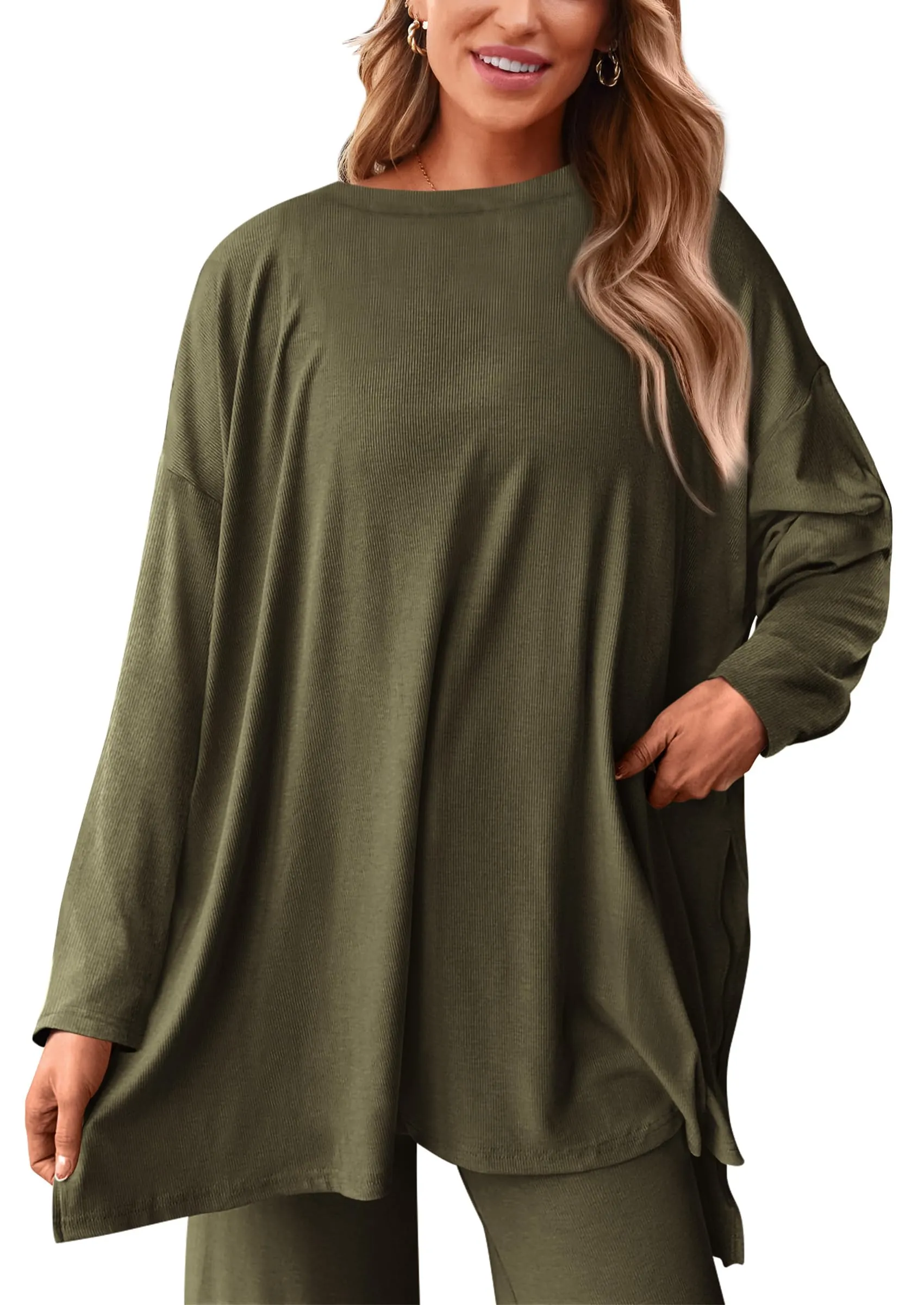 Long Sleeve High Low Tops T-Shirts Wide Leg Pants Two Piece Sets