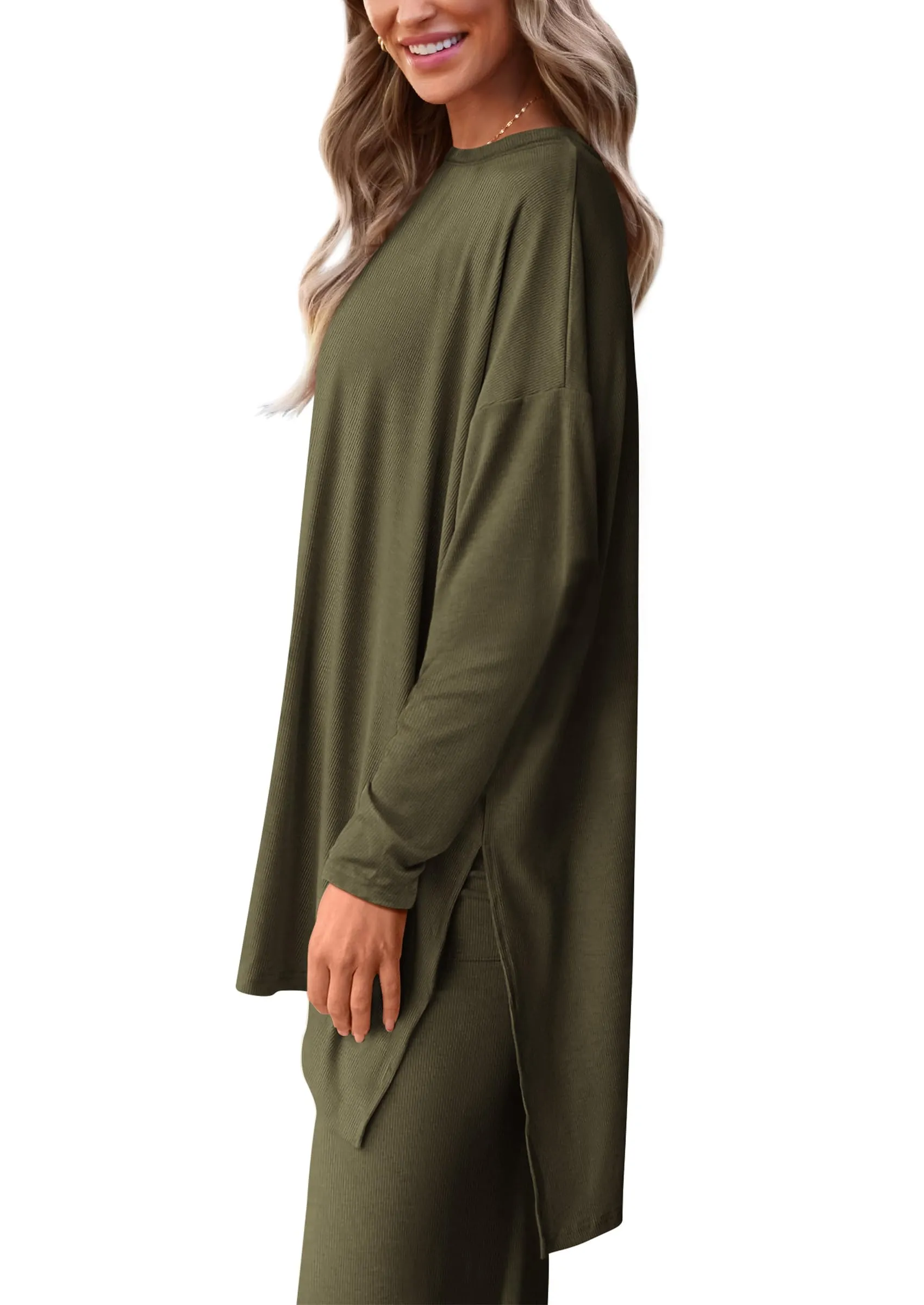 Long Sleeve High Low Tops T-Shirts Wide Leg Pants Two Piece Sets