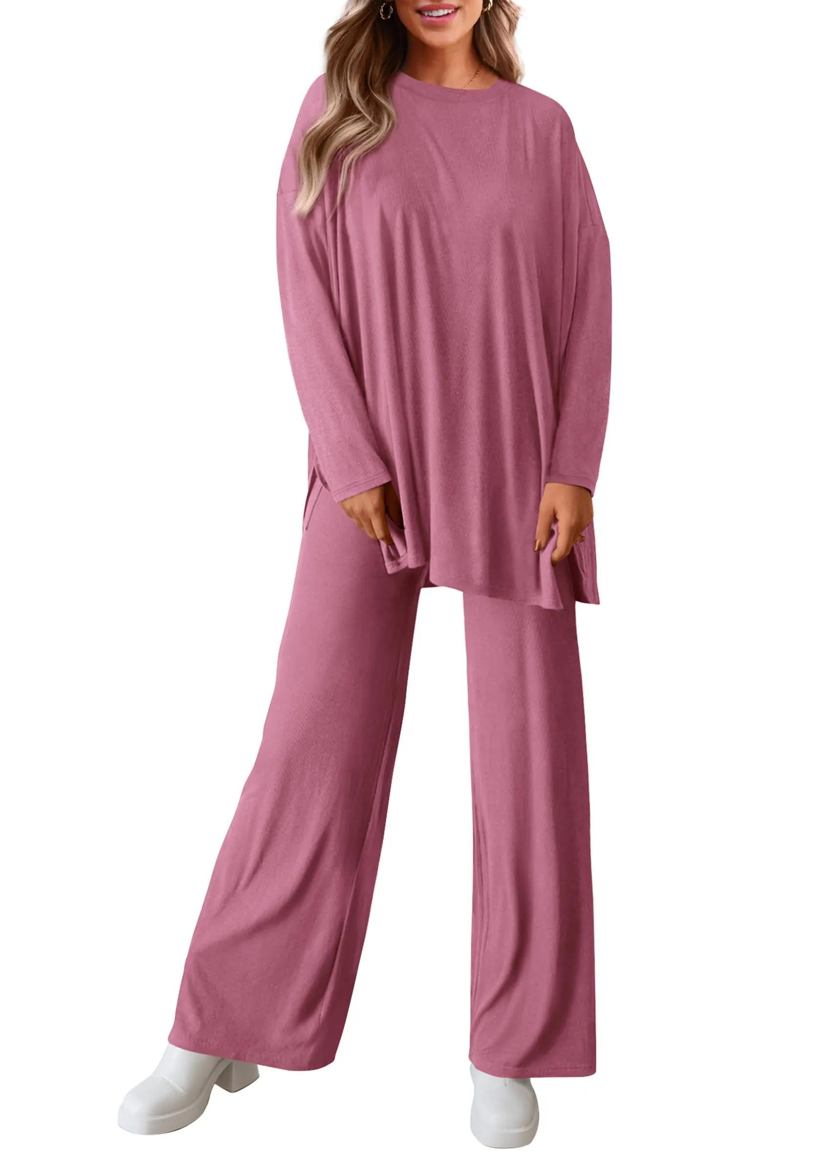 Long Sleeve High Low Tops T-Shirts Wide Leg Pants Two Piece Sets