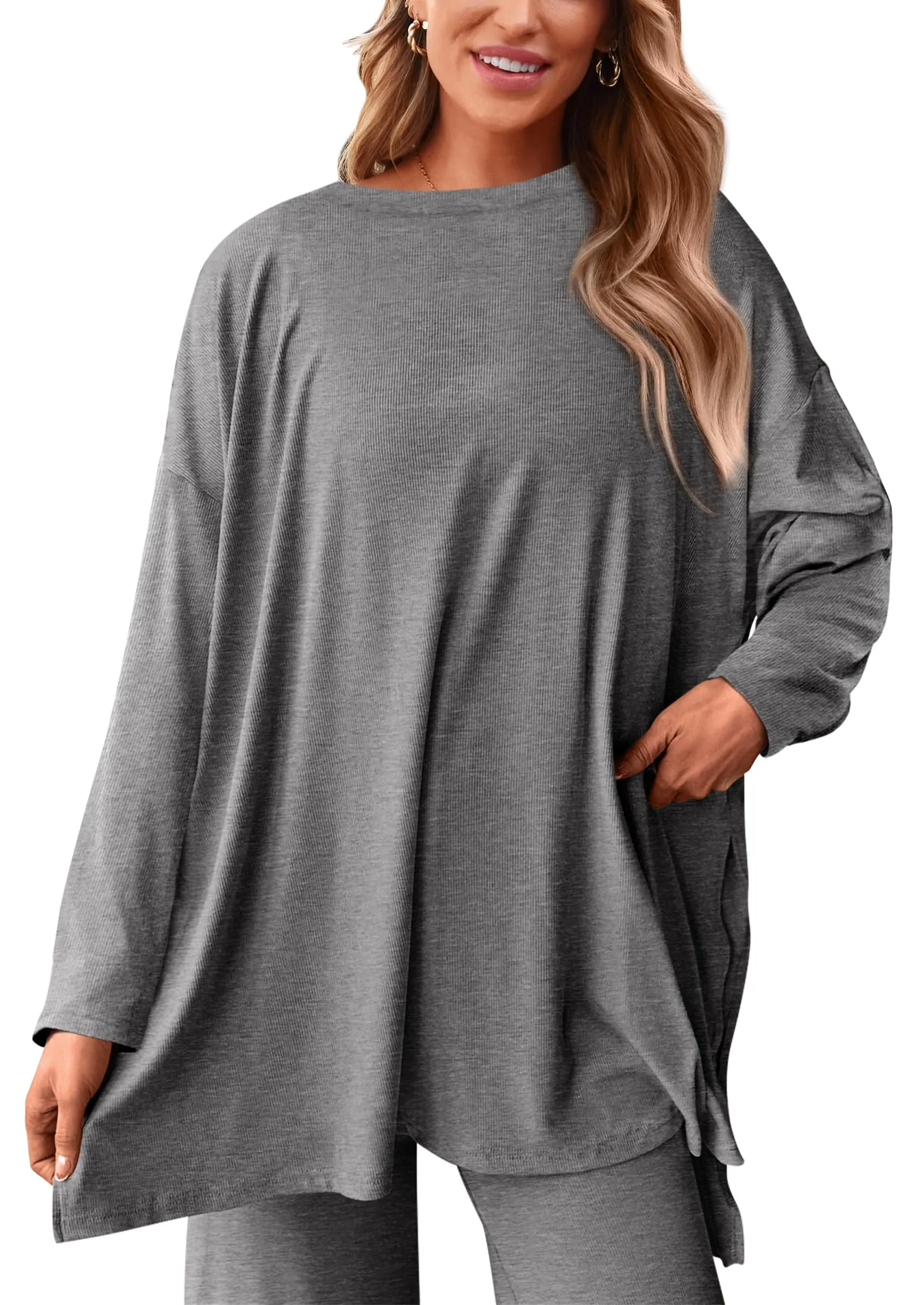 Long Sleeve High Low Tops T-Shirts Wide Leg Pants Two Piece Sets