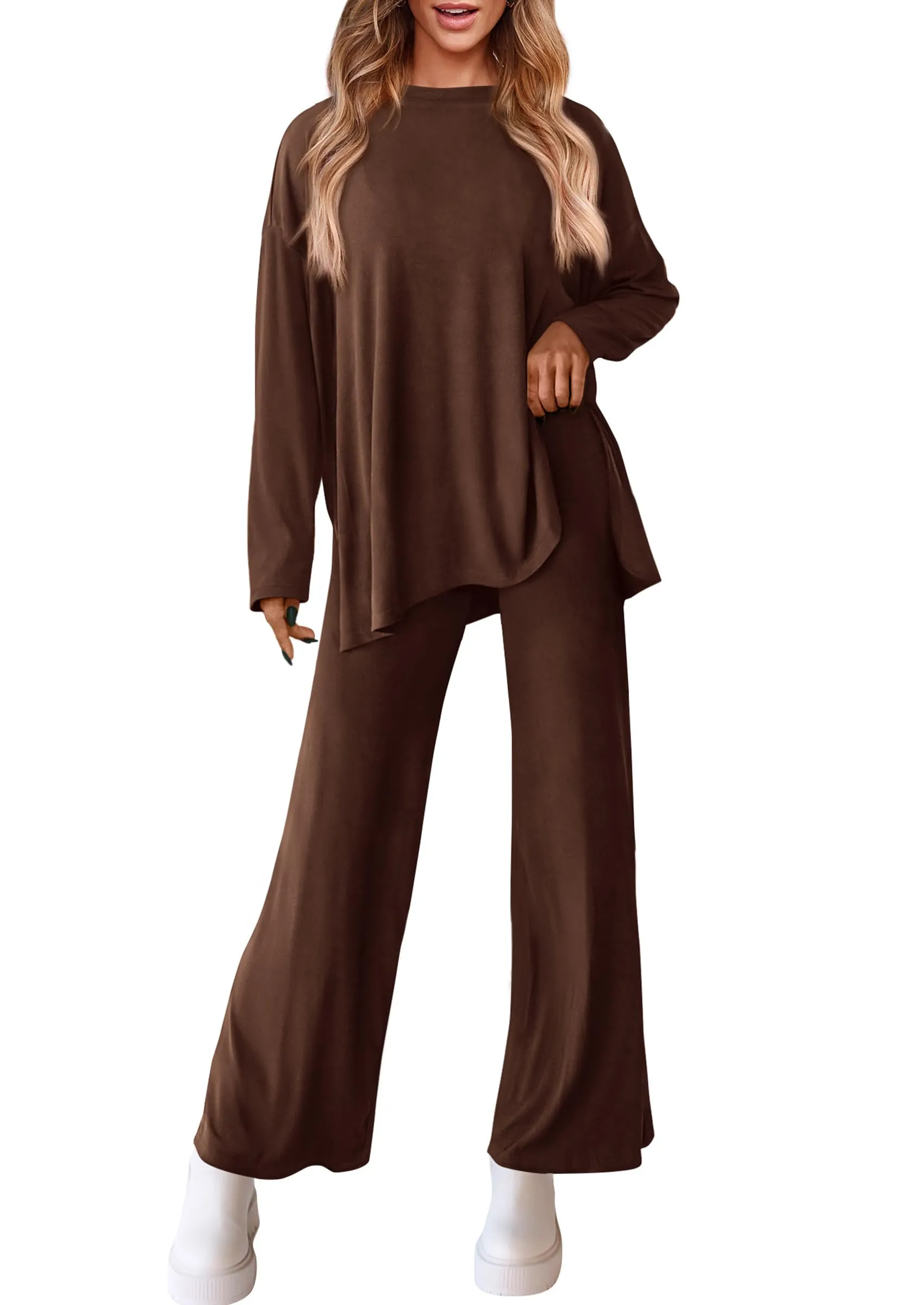 Long Sleeve High Low Tops T-Shirts Wide Leg Pants Two Piece Sets