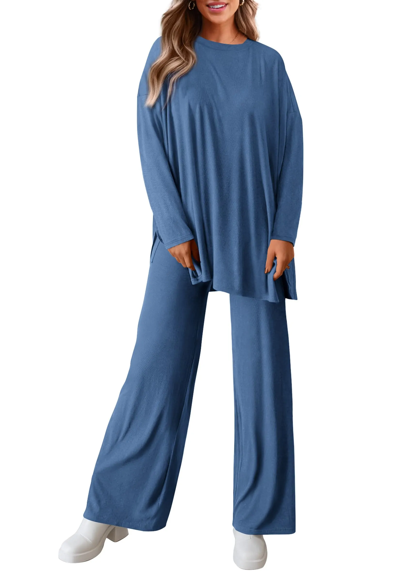 Long Sleeve High Low Tops T-Shirts Wide Leg Pants Two Piece Sets