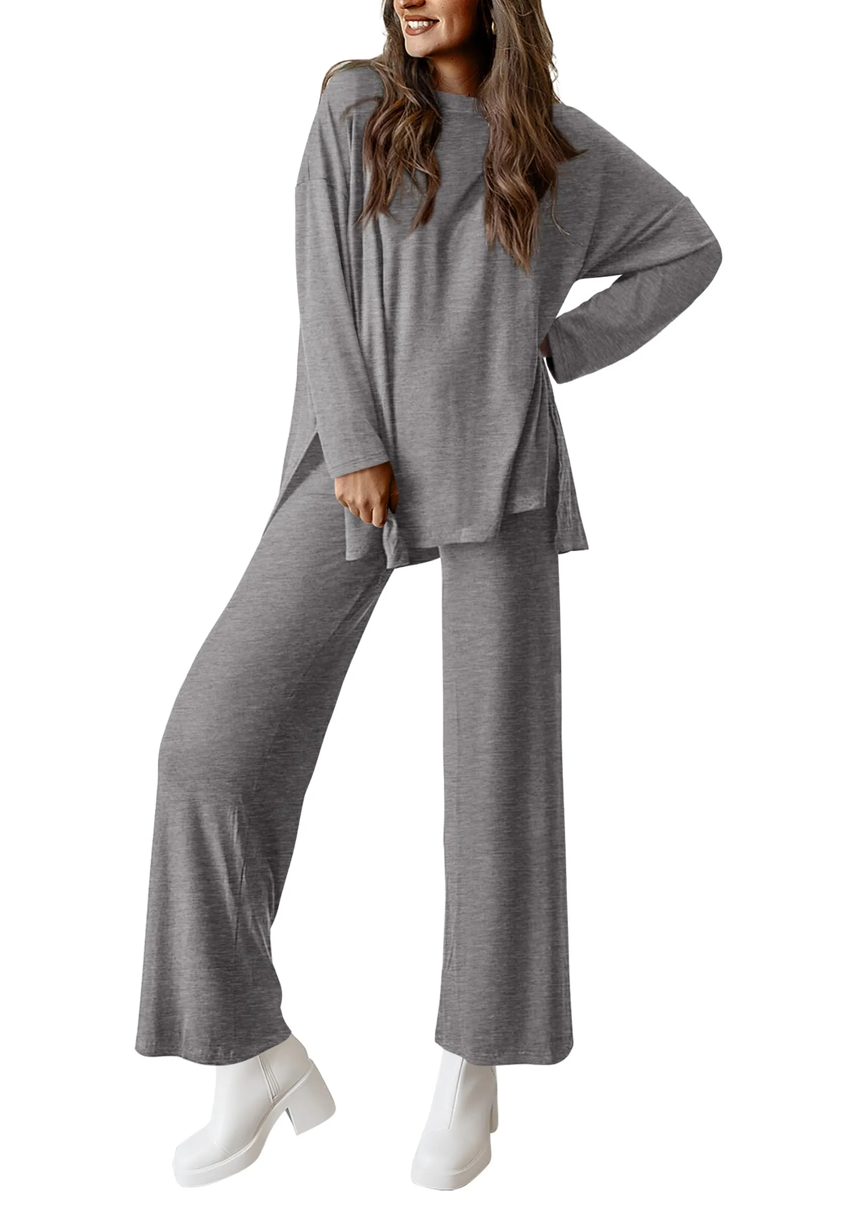 Long Sleeve High Low Tops T-Shirts Wide Leg Pants Two Piece Sets