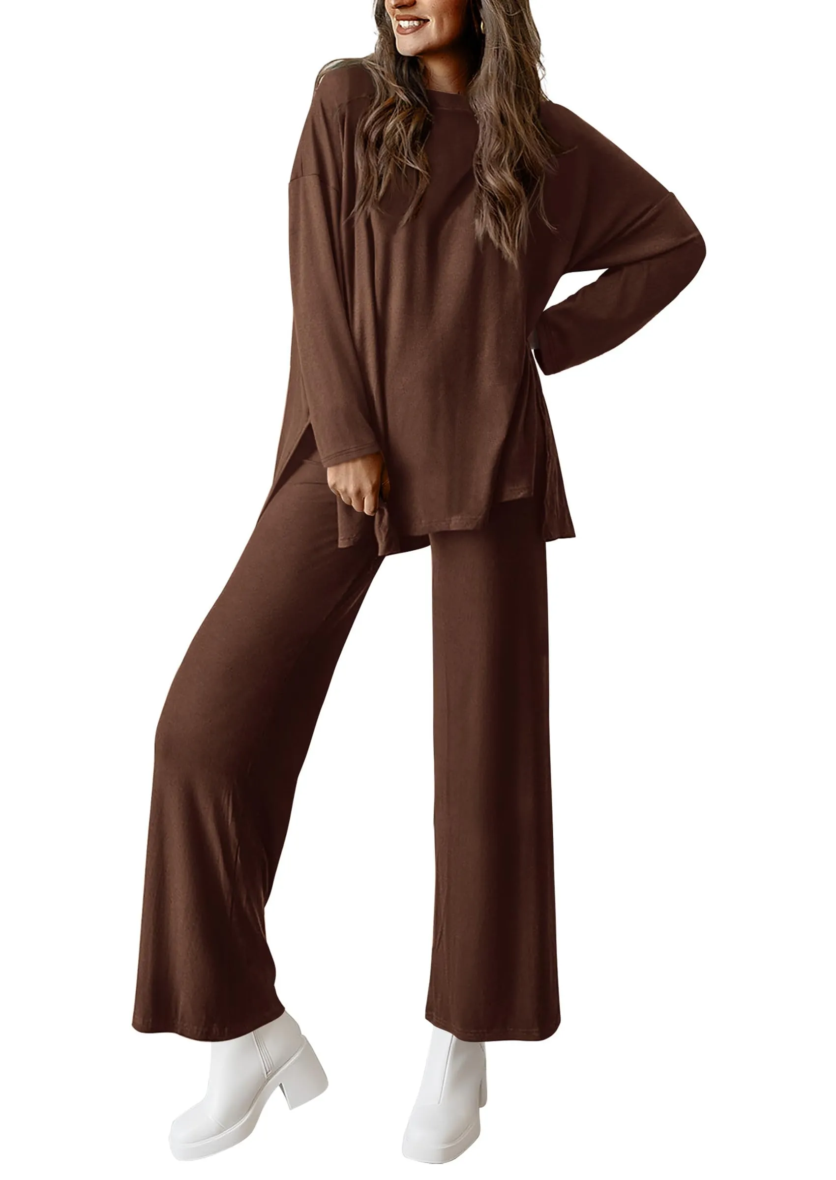 Long Sleeve High Low Tops T-Shirts Wide Leg Pants Two Piece Sets