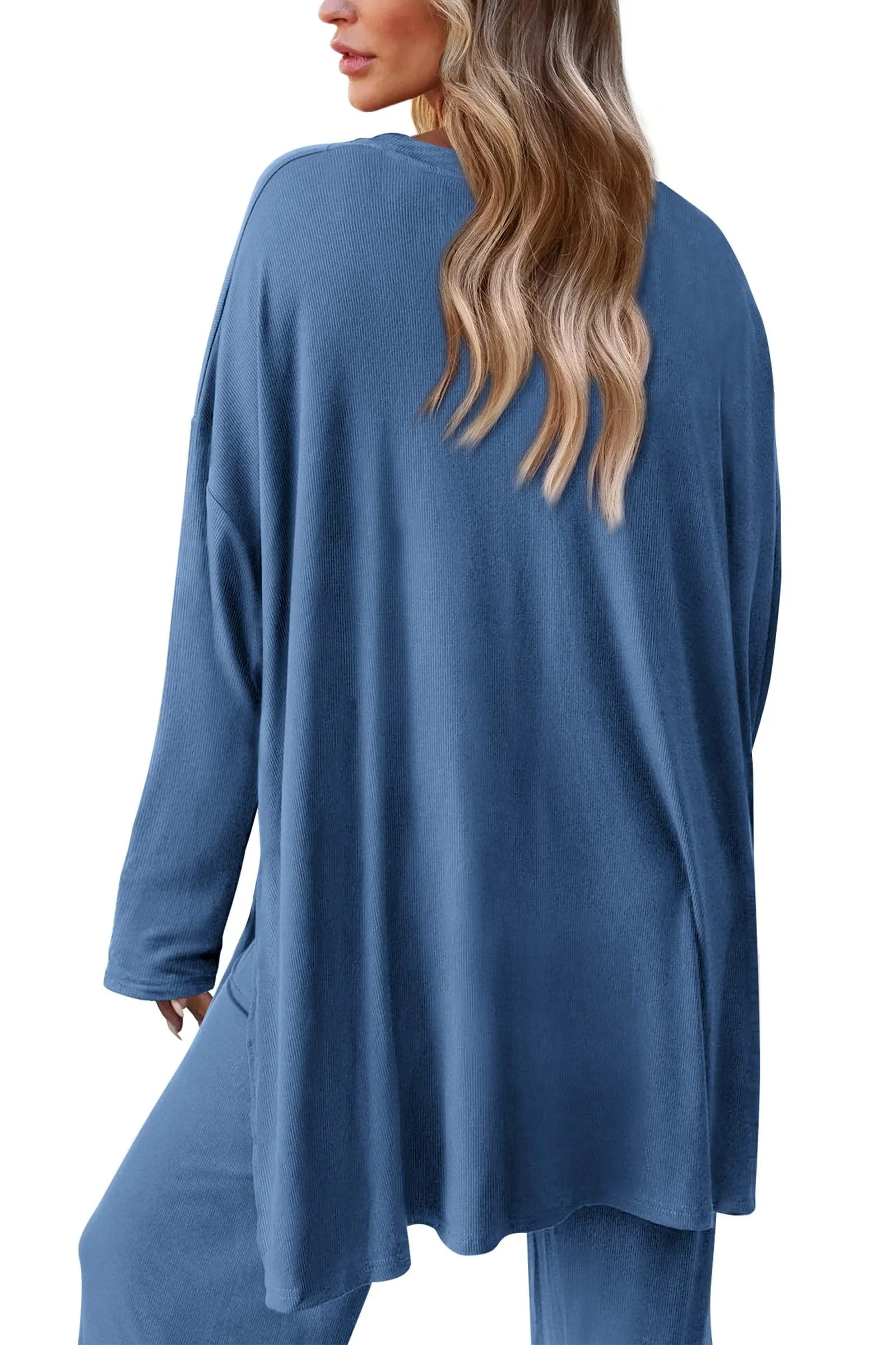 Long Sleeve High Low Tops T-Shirts Wide Leg Pants Two Piece Sets