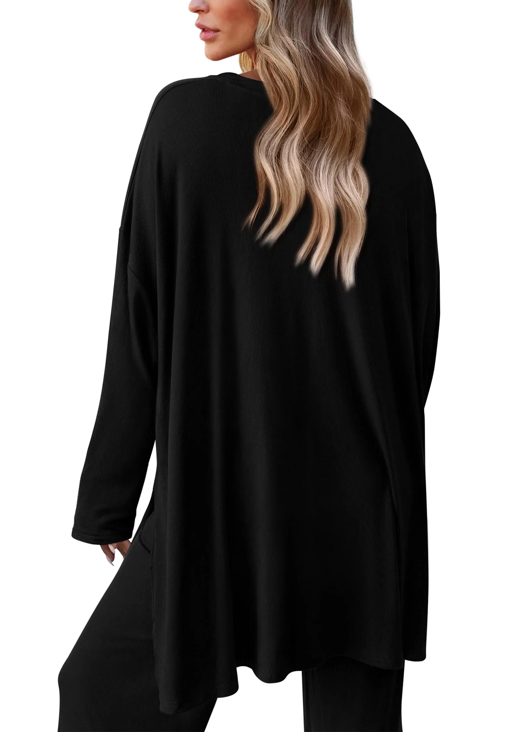 Long Sleeve High Low Tops T-Shirts Wide Leg Pants Two Piece Sets