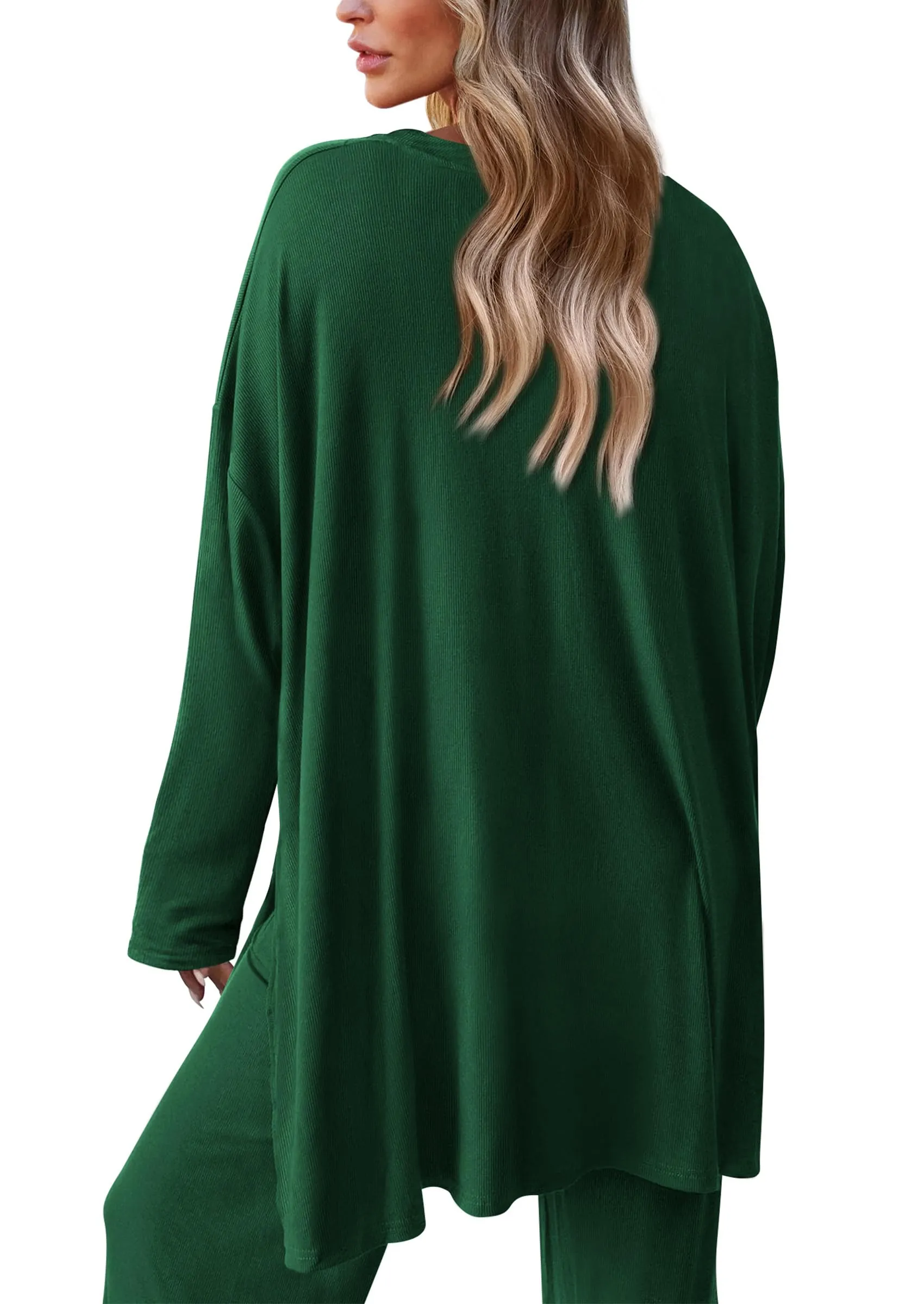 Long Sleeve High Low Tops T-Shirts Wide Leg Pants Two Piece Sets