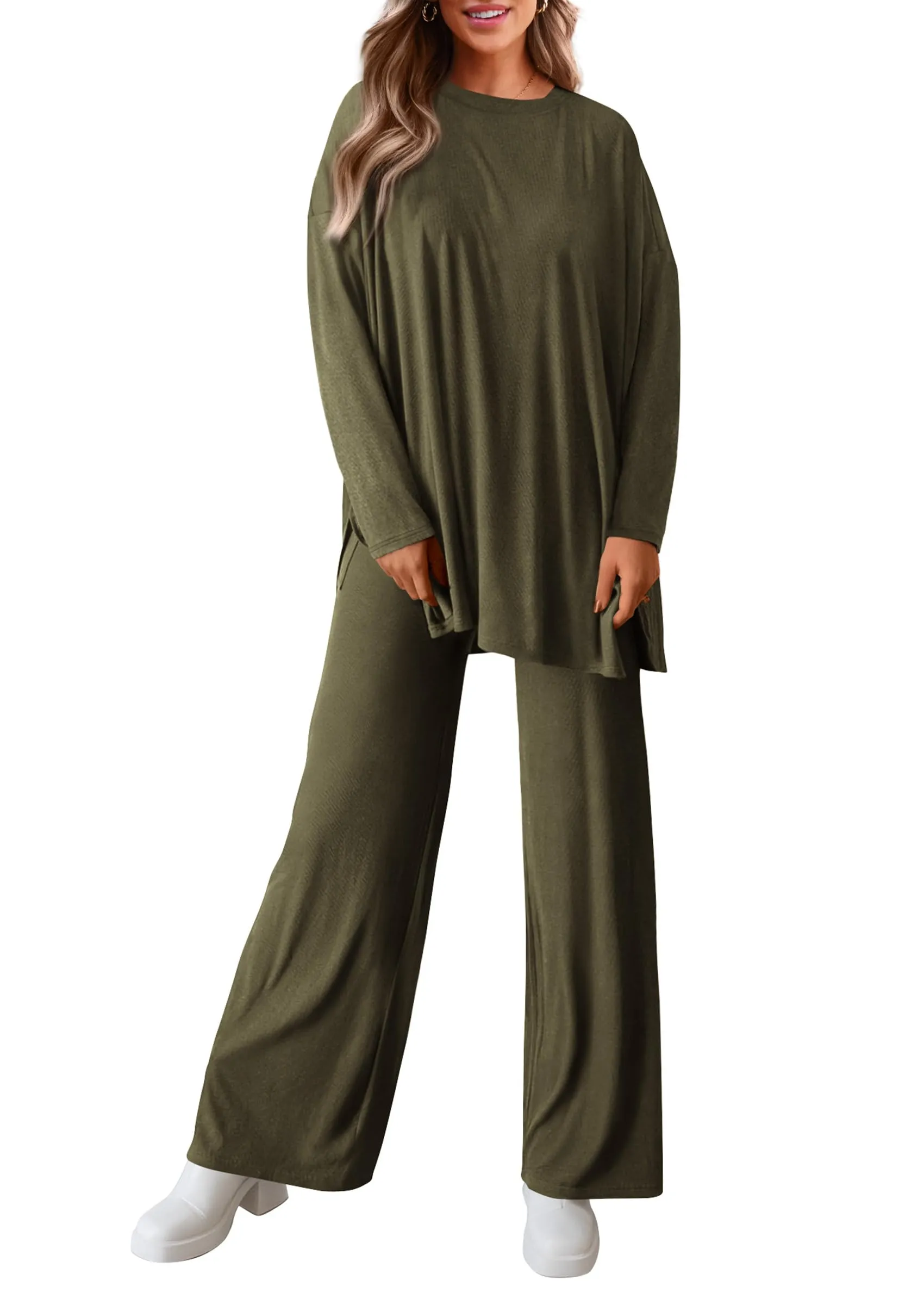 Long Sleeve High Low Tops T-Shirts Wide Leg Pants Two Piece Sets