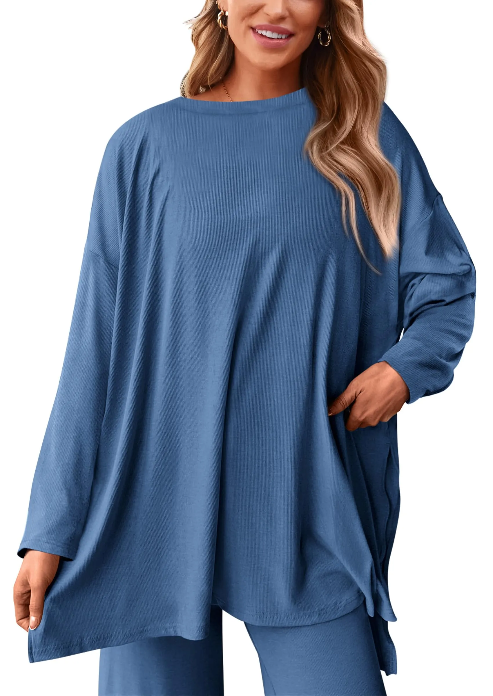 Long Sleeve High Low Tops T-Shirts Wide Leg Pants Two Piece Sets