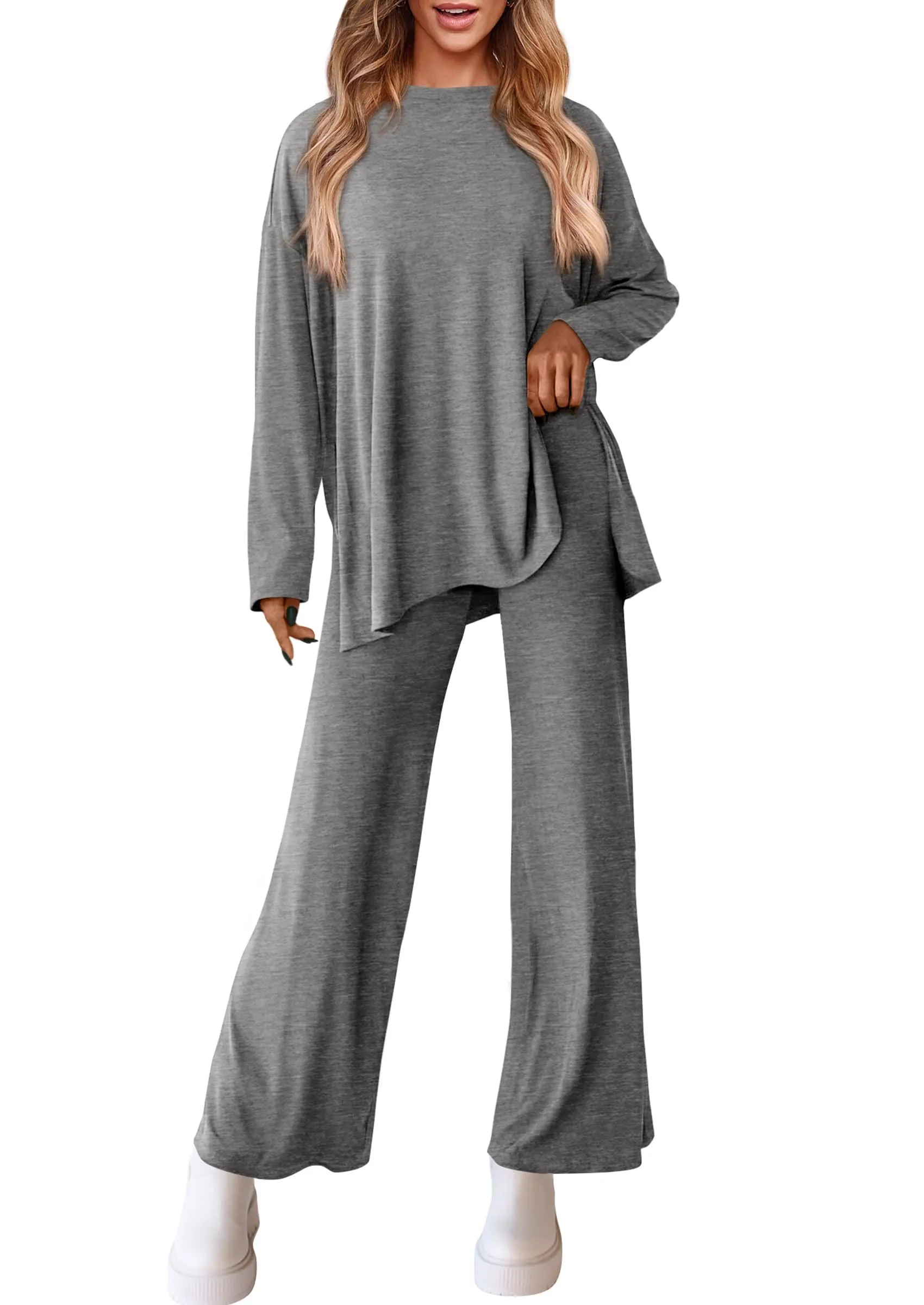 Long Sleeve High Low Tops T-Shirts Wide Leg Pants Two Piece Sets