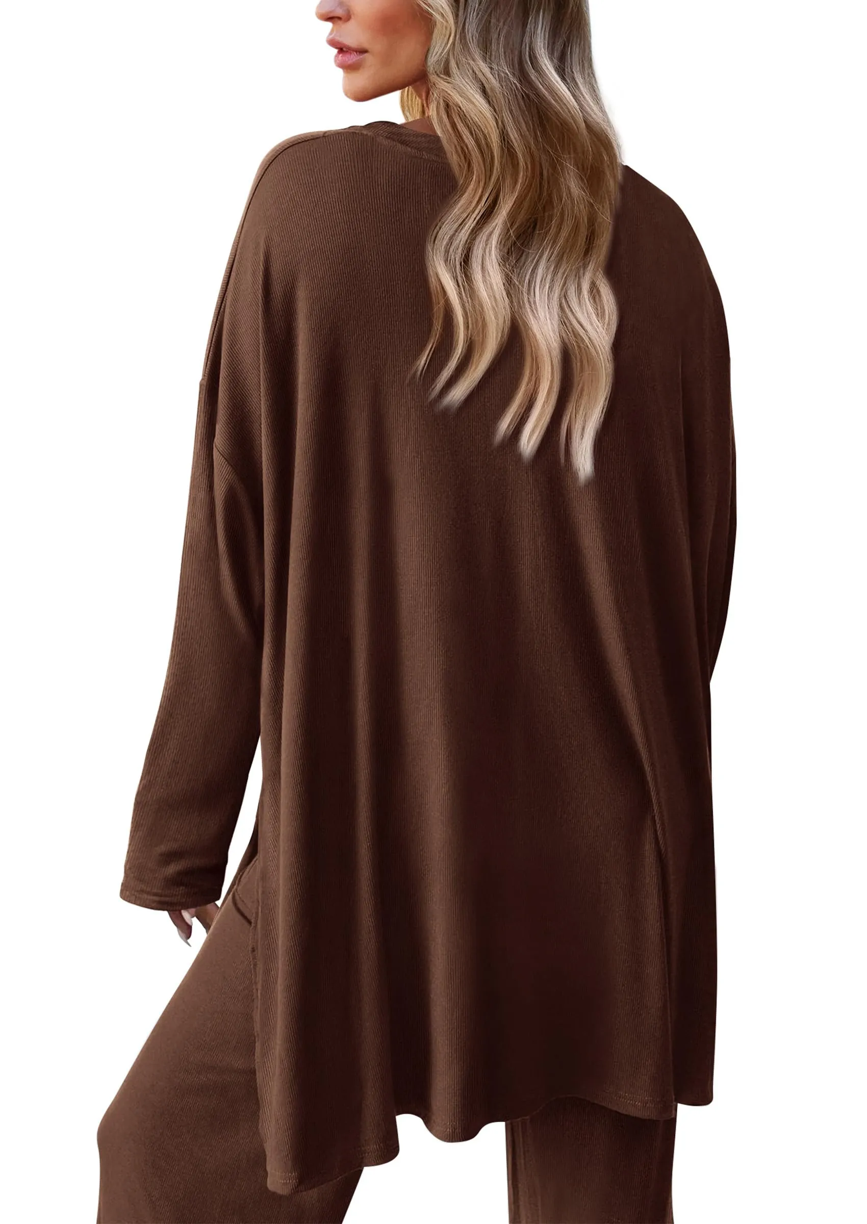 Long Sleeve High Low Tops T-Shirts Wide Leg Pants Two Piece Sets
