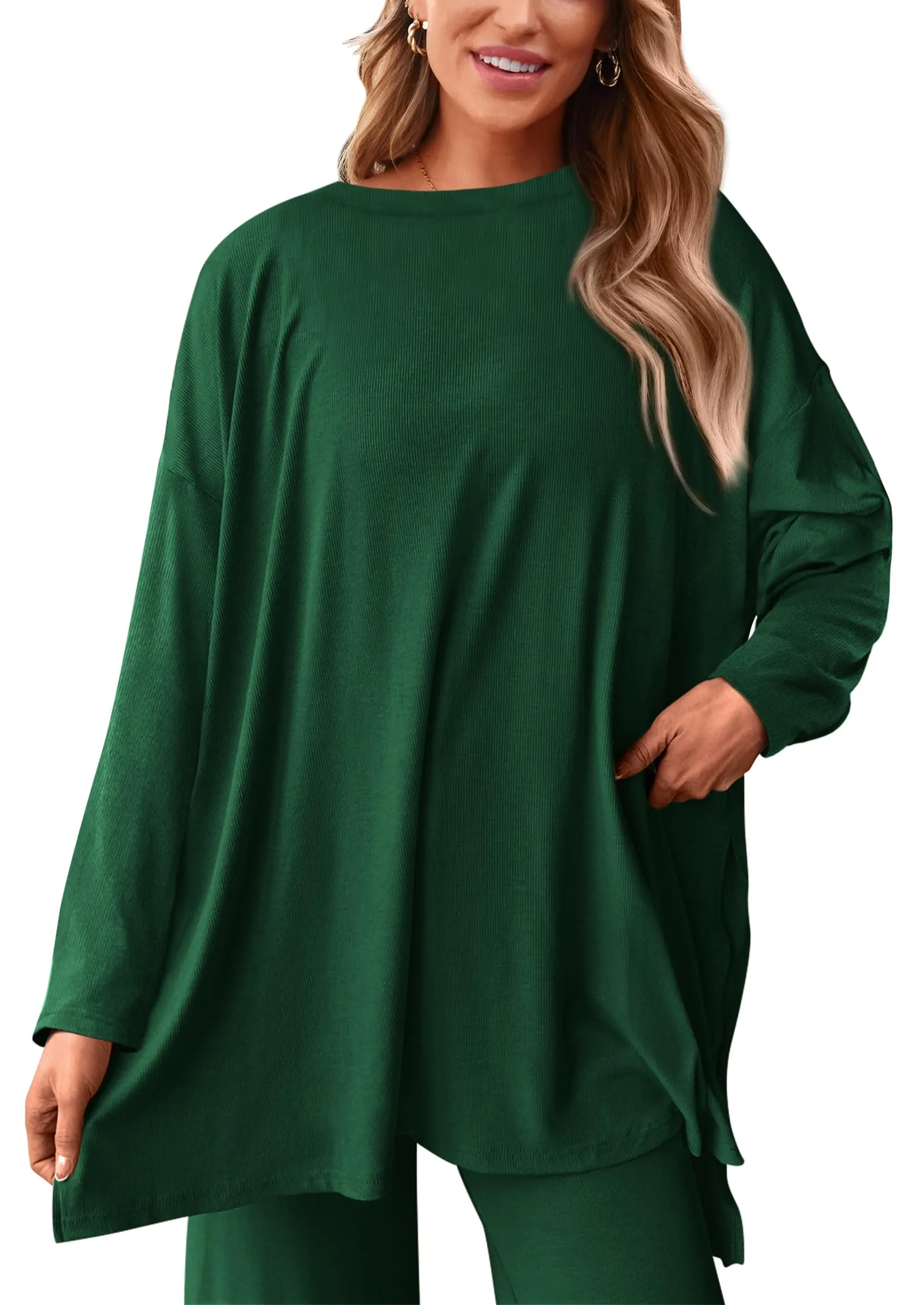 Long Sleeve High Low Tops T-Shirts Wide Leg Pants Two Piece Sets