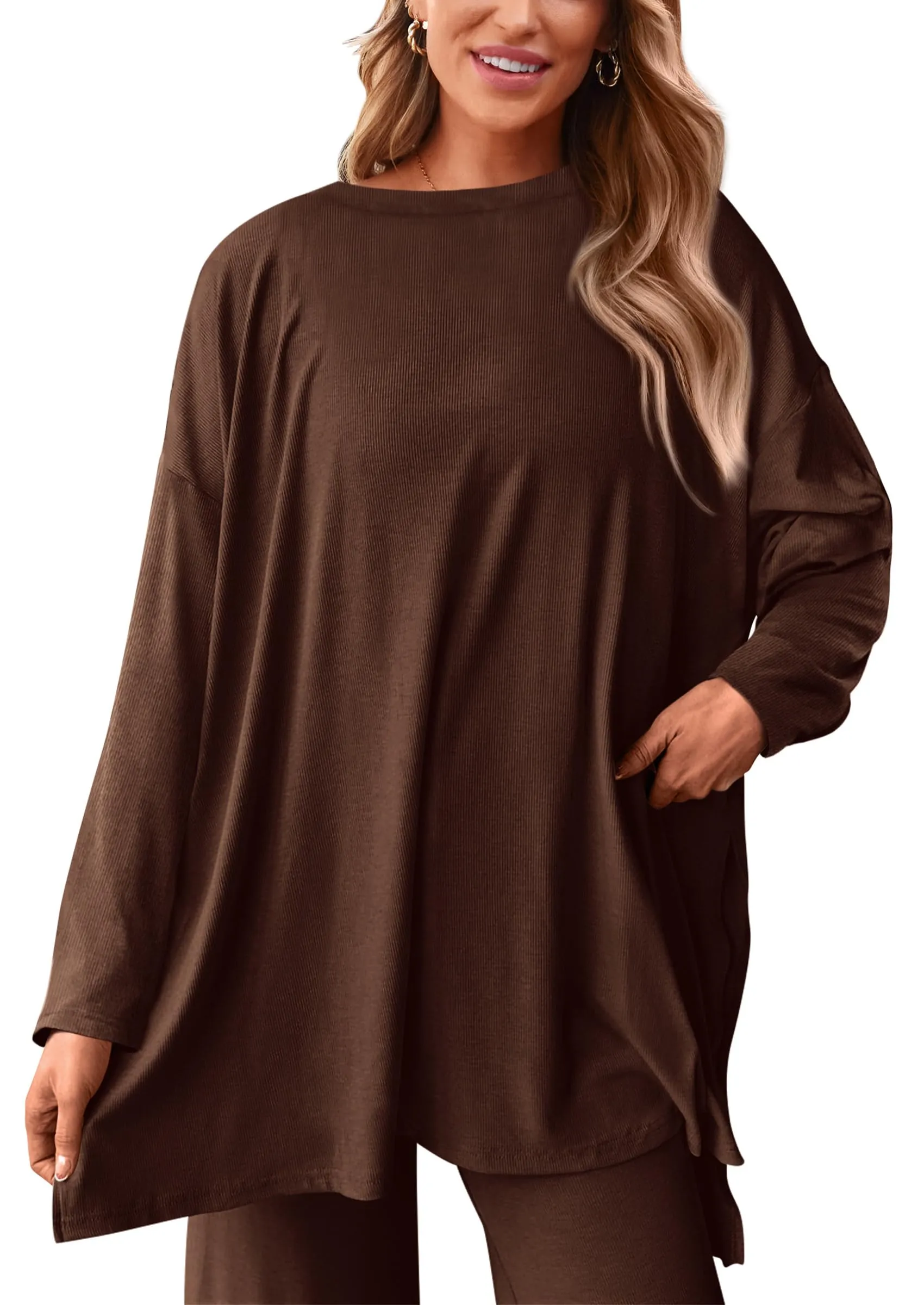 Long Sleeve High Low Tops T-Shirts Wide Leg Pants Two Piece Sets