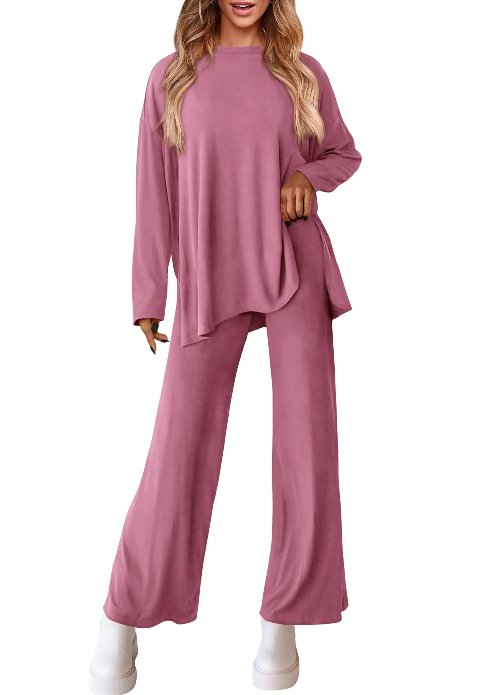 Long Sleeve High Low Tops T-Shirts Wide Leg Pants Two Piece Sets