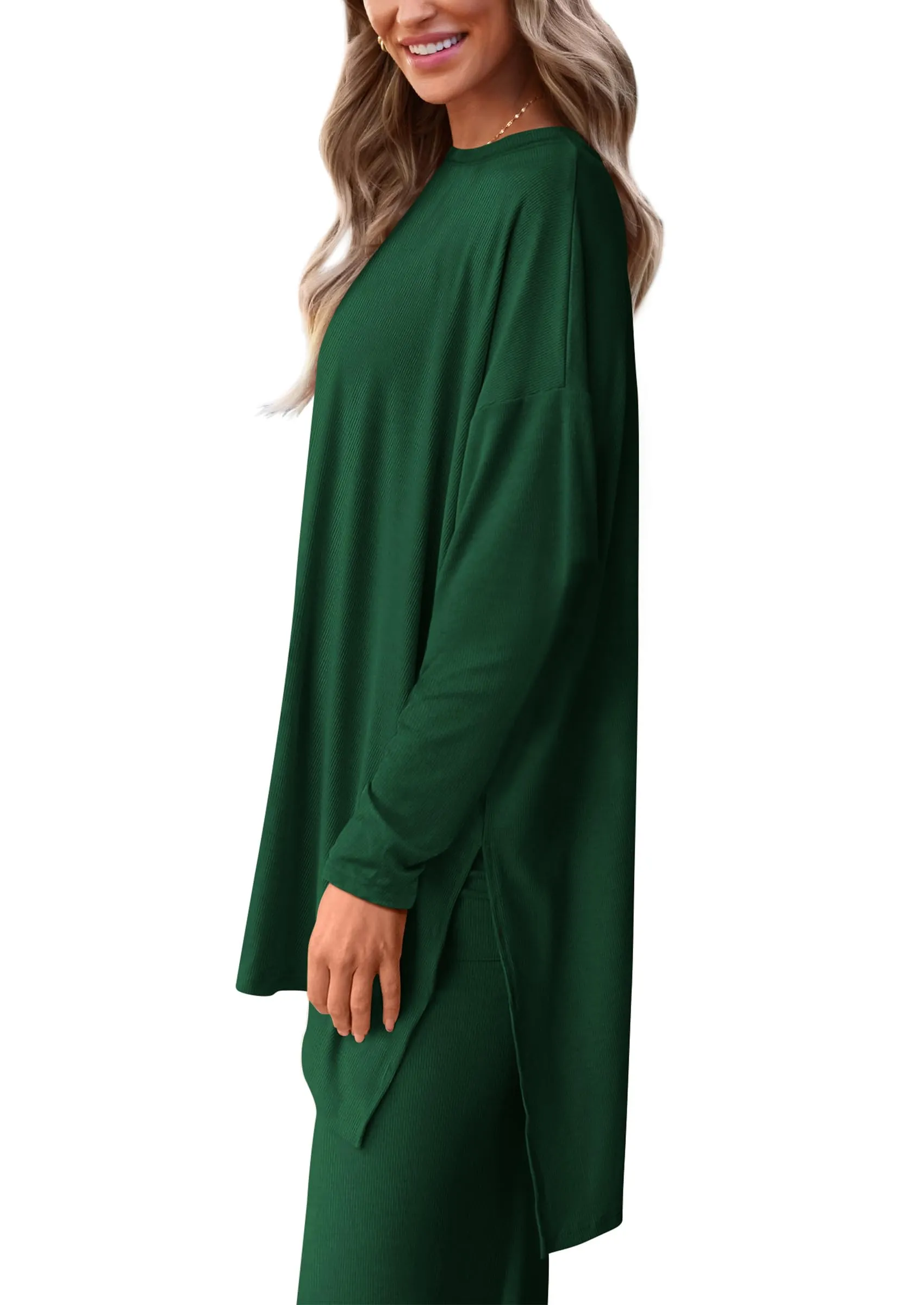 Long Sleeve High Low Tops T-Shirts Wide Leg Pants Two Piece Sets