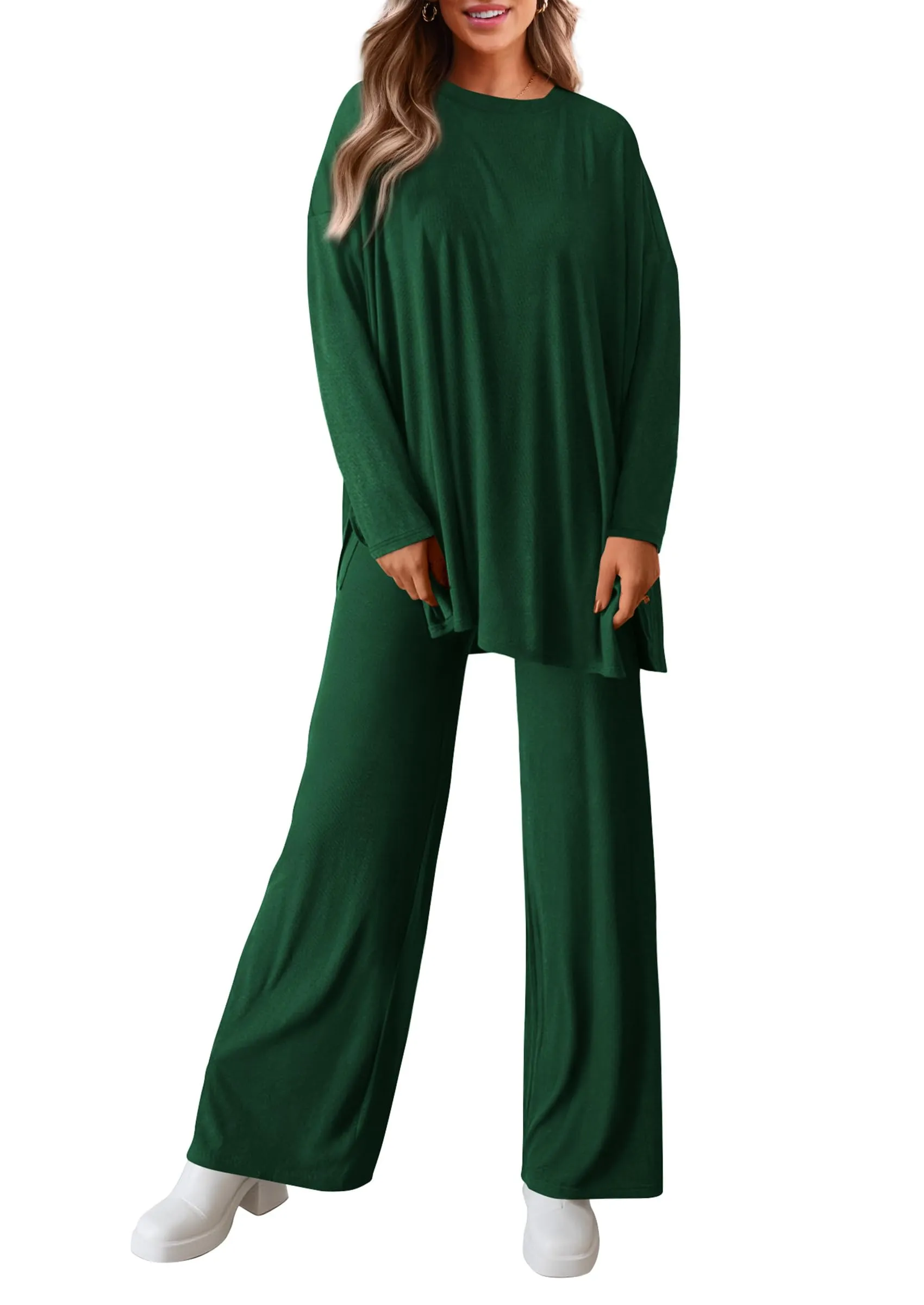 Long Sleeve High Low Tops T-Shirts Wide Leg Pants Two Piece Sets