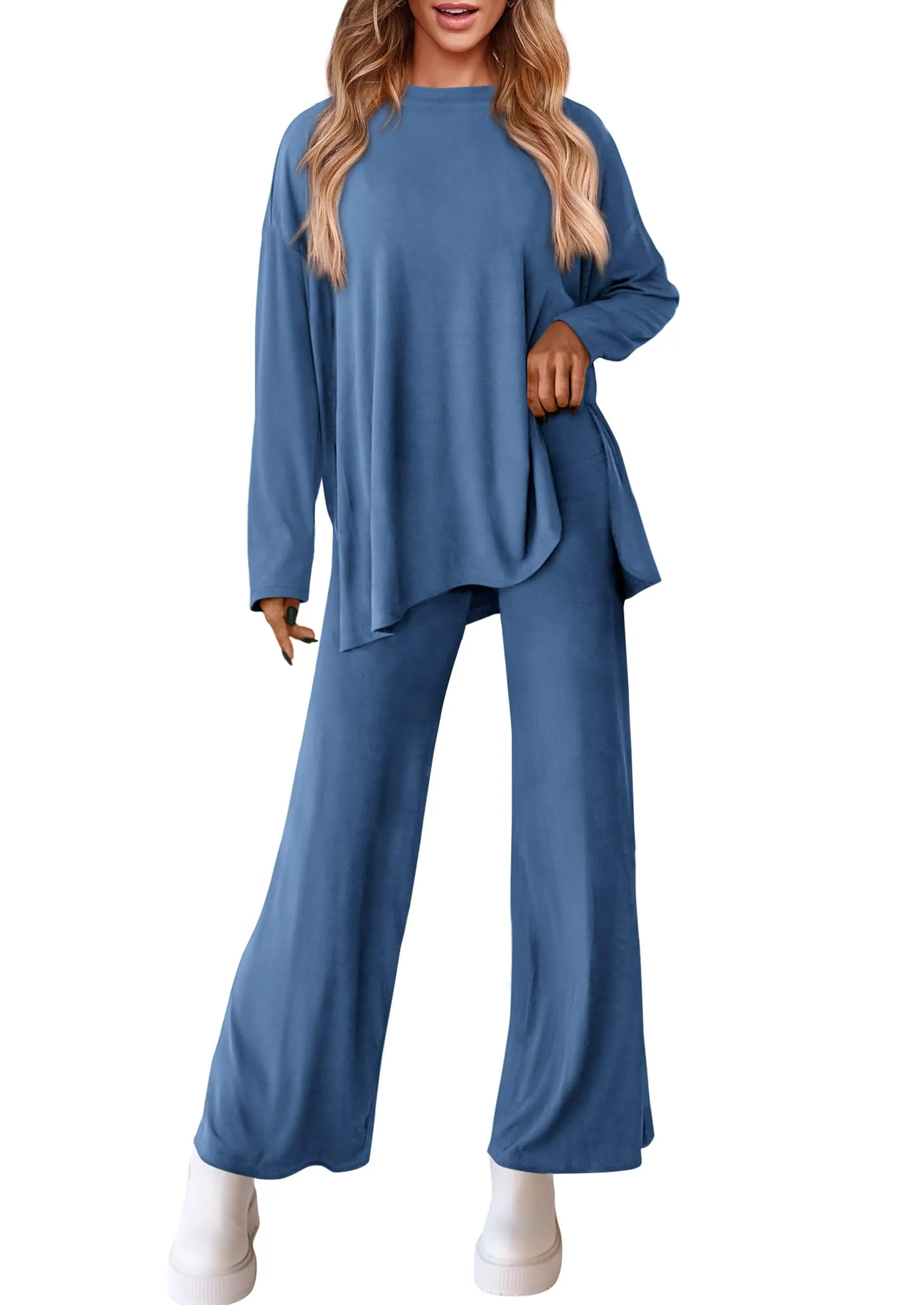 Long Sleeve High Low Tops T-Shirts Wide Leg Pants Two Piece Sets