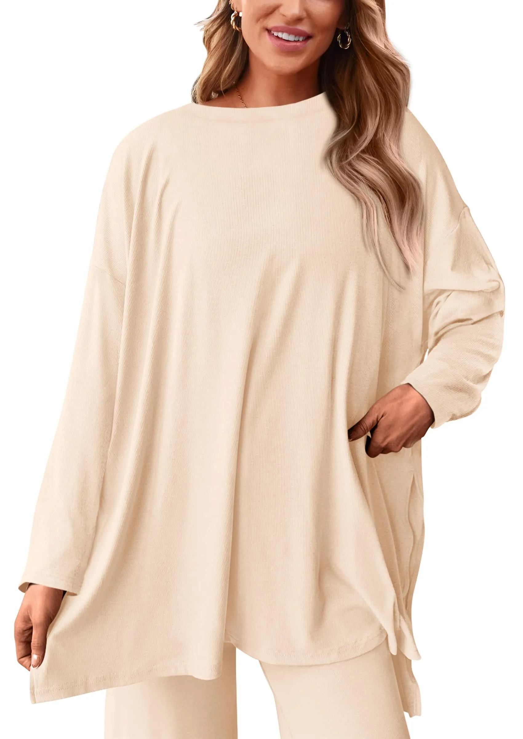 Long Sleeve High Low Tops T-Shirts Wide Leg Pants Two Piece Sets