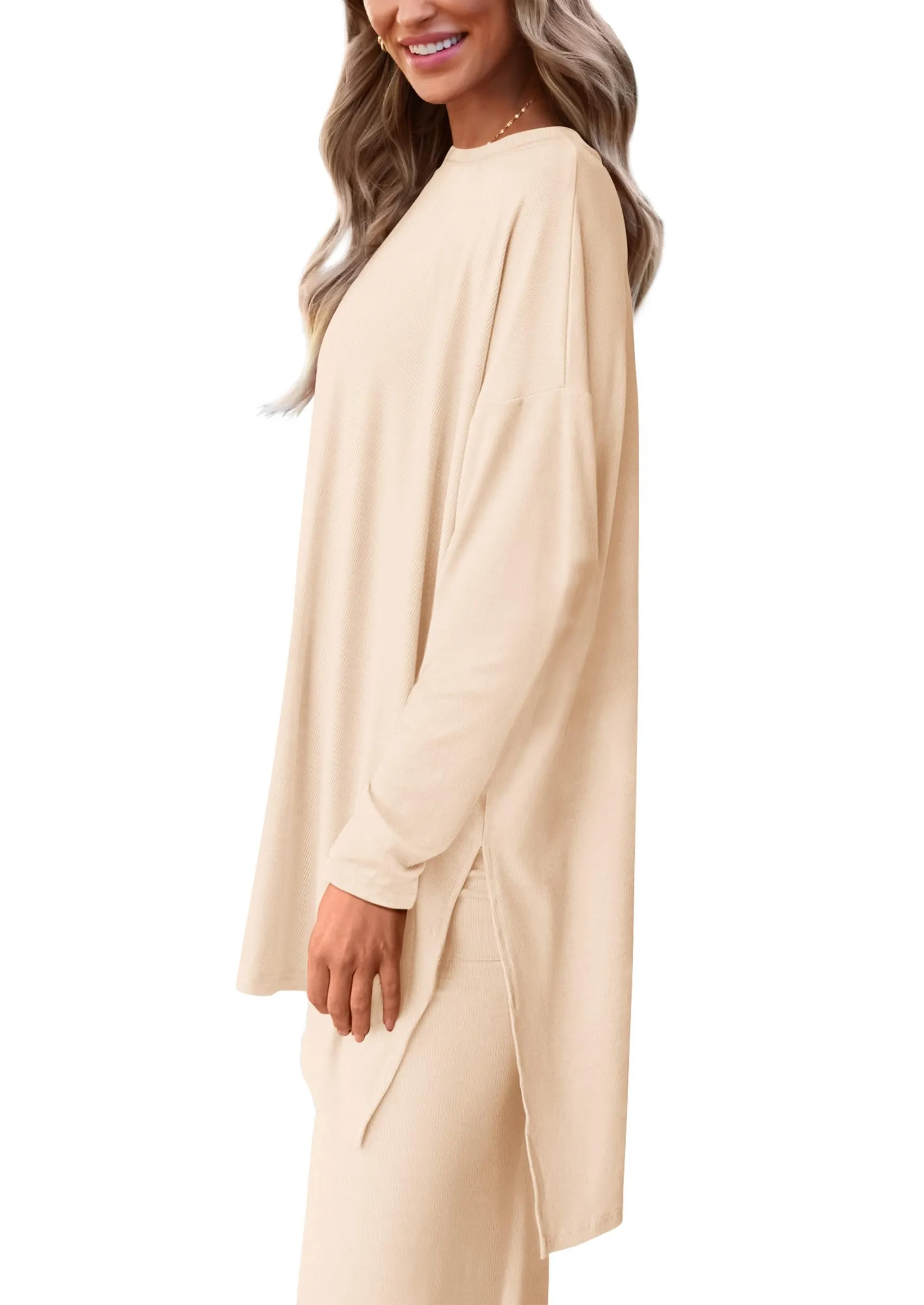 Long Sleeve High Low Tops T-Shirts Wide Leg Pants Two Piece Sets