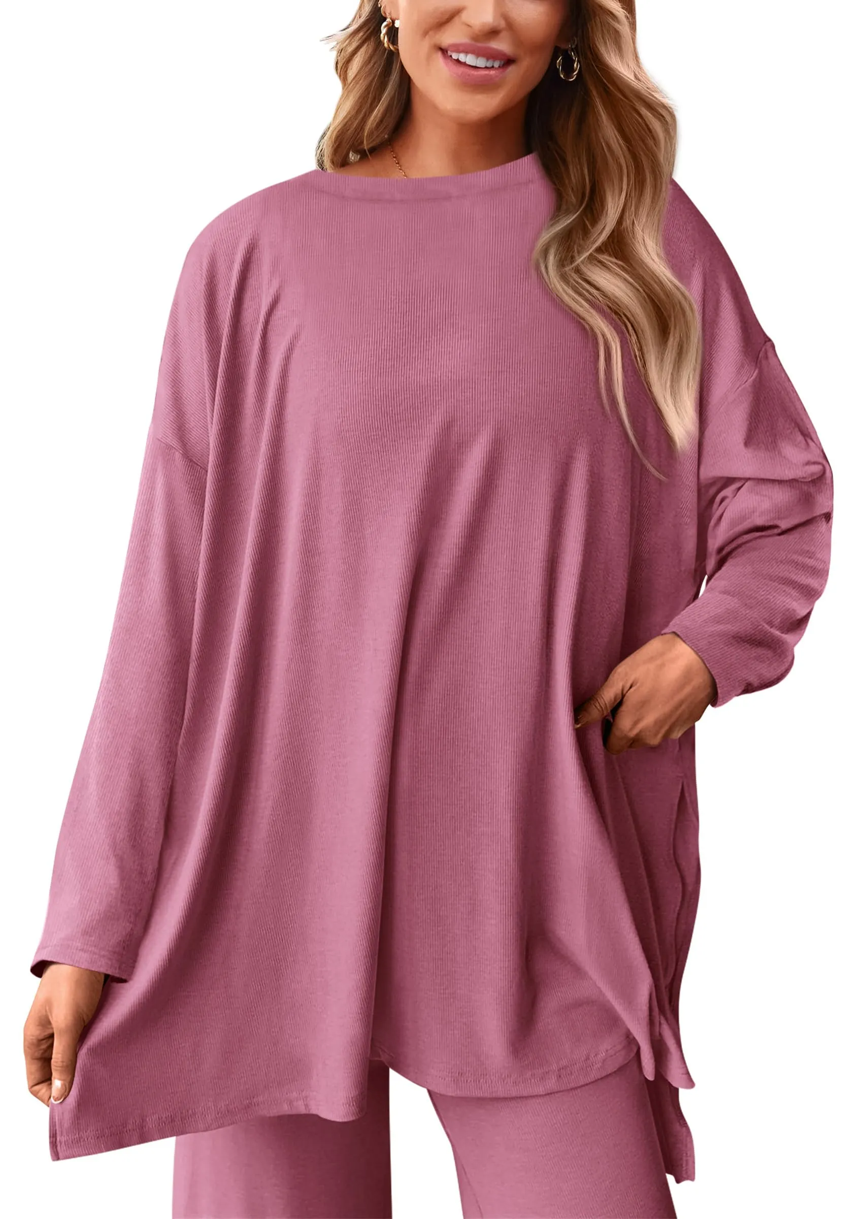 Long Sleeve High Low Tops T-Shirts Wide Leg Pants Two Piece Sets