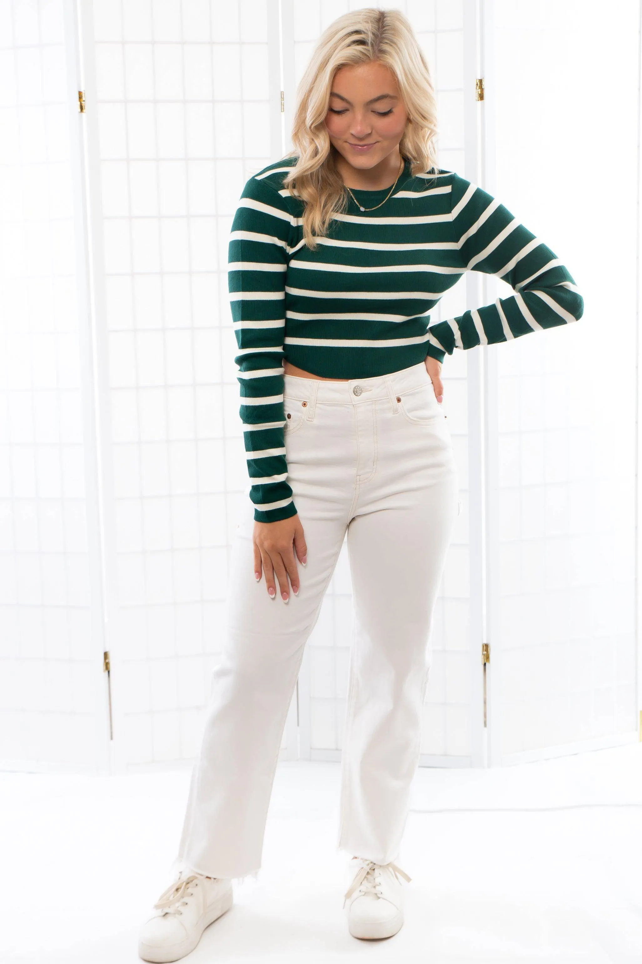Margot Green & White Stripe Long Sleeve Top