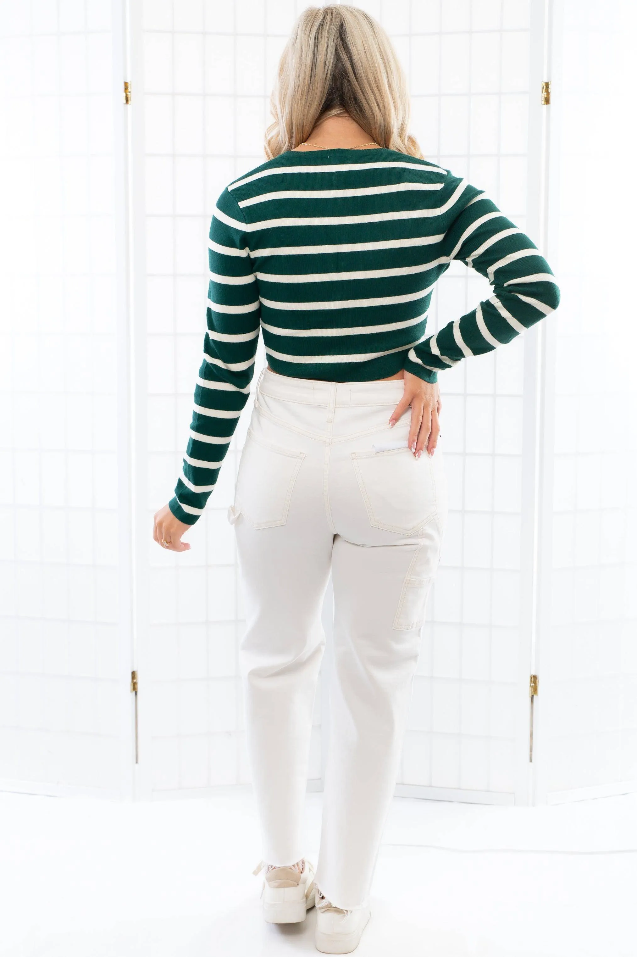 Margot Green & White Stripe Long Sleeve Top
