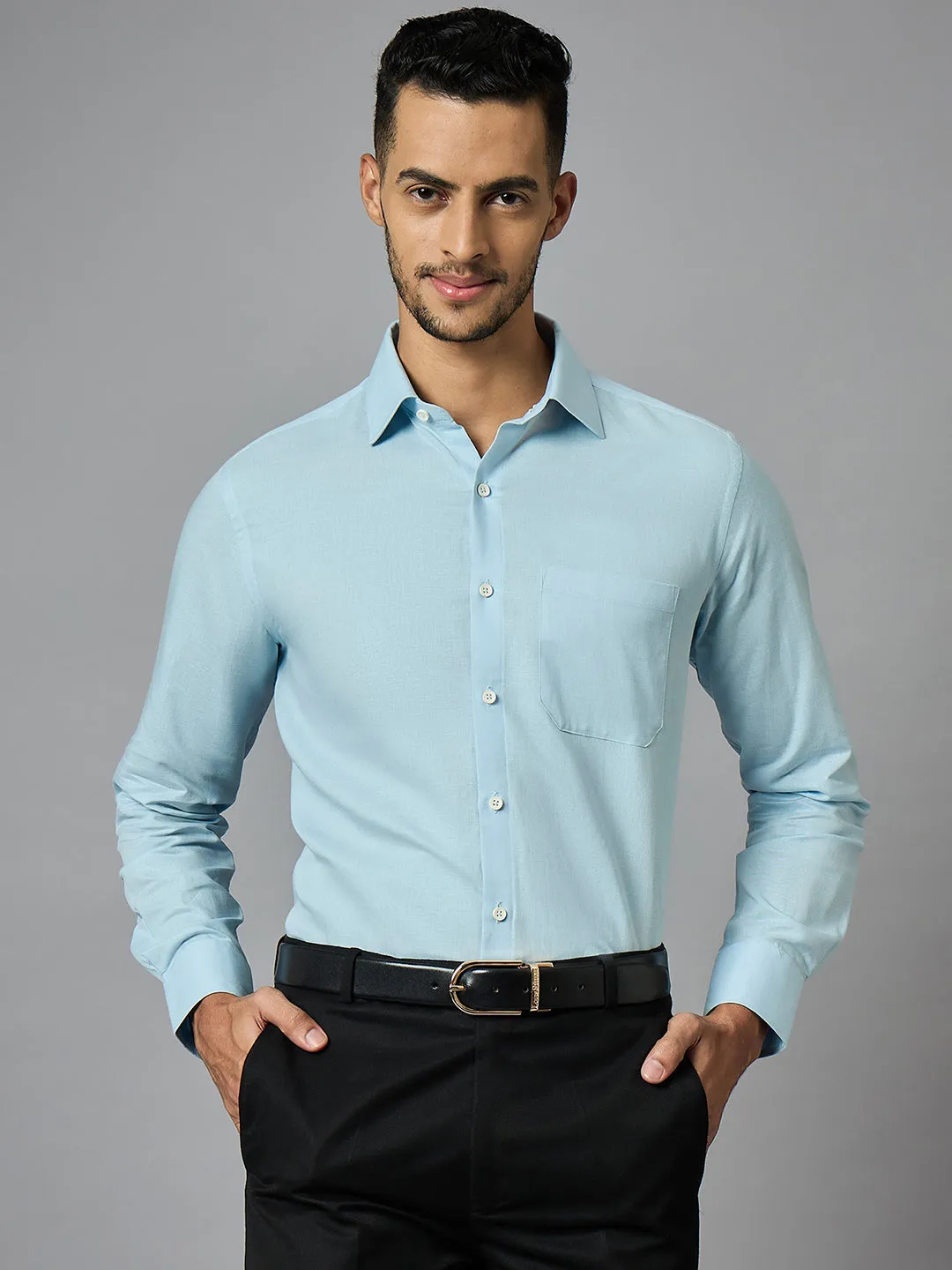 Men's Blue Cotton Linen Full Sleeves Regular Fit Formal Shirt