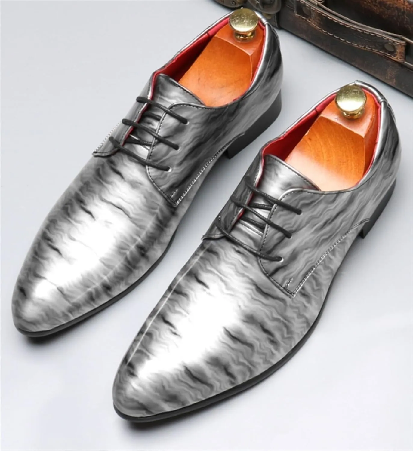 Mens Fashion Patent Leather Oxfords Shoes Comfortable Cap Toe Business Casual Lace Up Derby Shoes Formal Leather Dress Shoes for Wedding Work Office