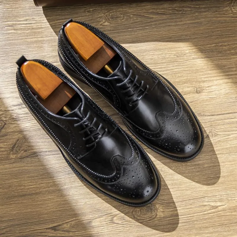 Men's Flexural Leather Fashion Dress Shoes Breathable Leather Wingtip Brogue Oxfords Shoes Non Slip Platform Casual Business Lace Up Print Formal Derby Shoes