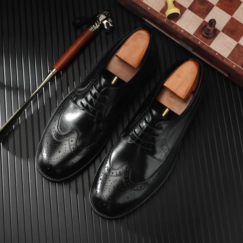 Men's Flexural Leather Fashion Dress Shoes Breathable Leather Wingtip Brogue Oxfords Shoes Non Slip Platform Casual Business Lace Up Print Formal Derby Shoes