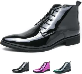 Men's Patent Leather Dress Oxfords Boots Fashion Pointed Toe Lace Up Side Zipper Shiny Ankle Boots Classic Luxury High Top Business Formal Derby Shoes