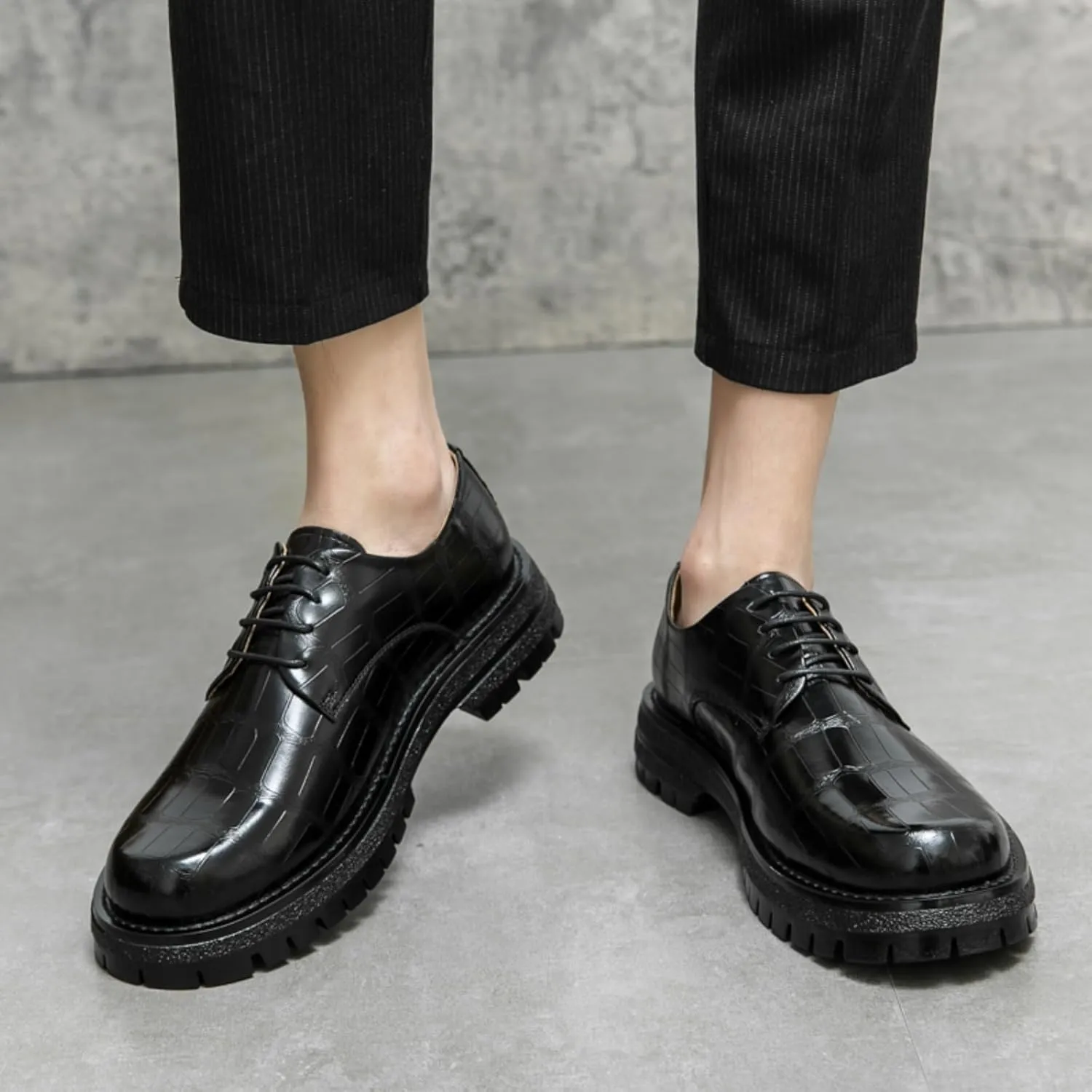 Mens Retro Stone Grain Patent Leather Lace Up Platform Dress Oxfords Shoes Low Top Non-Slip Chunky Dreby Shoes for Formal Business Wedding