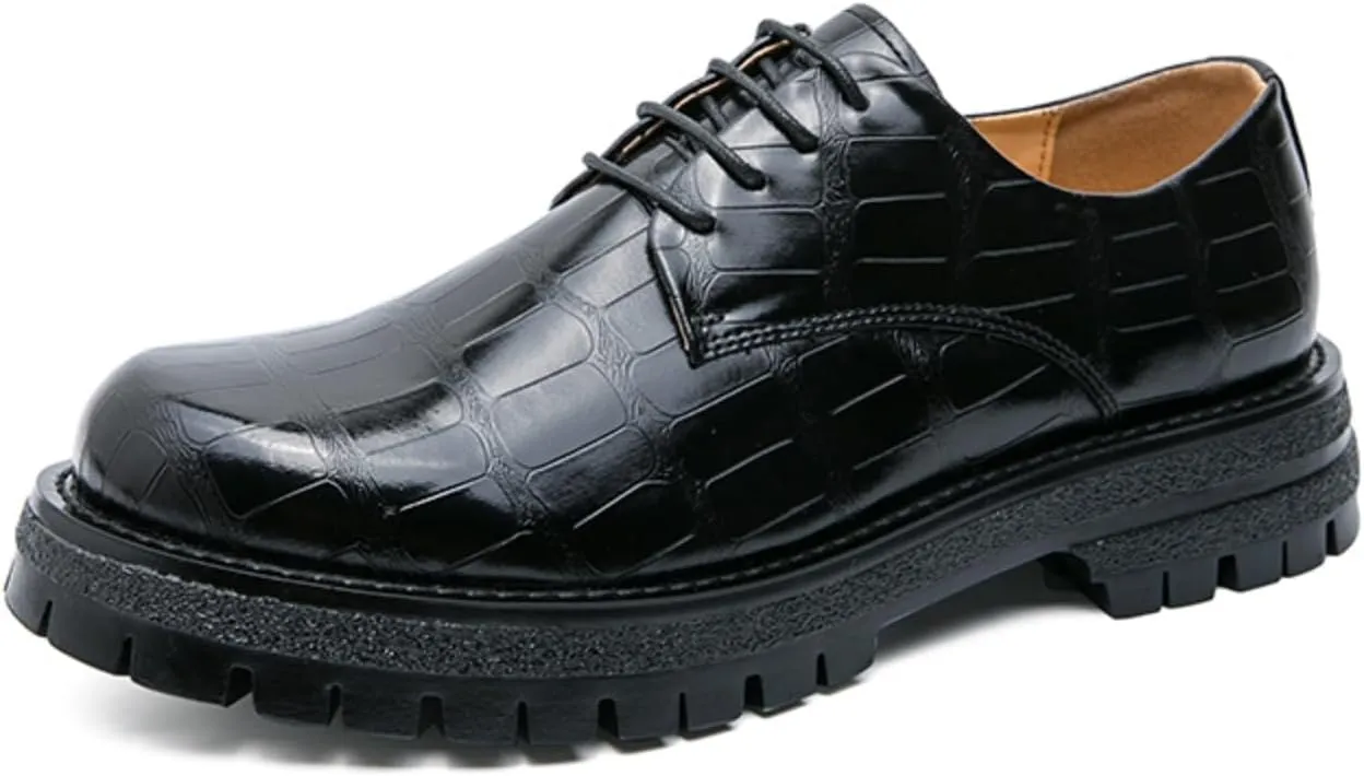 Mens Retro Stone Grain Patent Leather Lace Up Platform Dress Oxfords Shoes Low Top Non-Slip Chunky Dreby Shoes for Formal Business Wedding