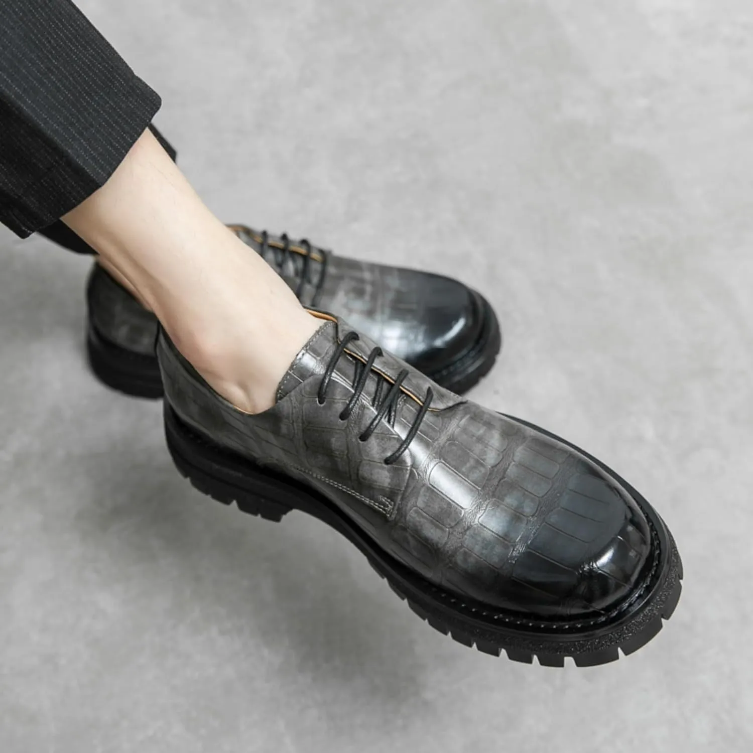 Mens Retro Stone Grain Patent Leather Lace Up Platform Dress Oxfords Shoes Low Top Non-Slip Chunky Dreby Shoes for Formal Business Wedding