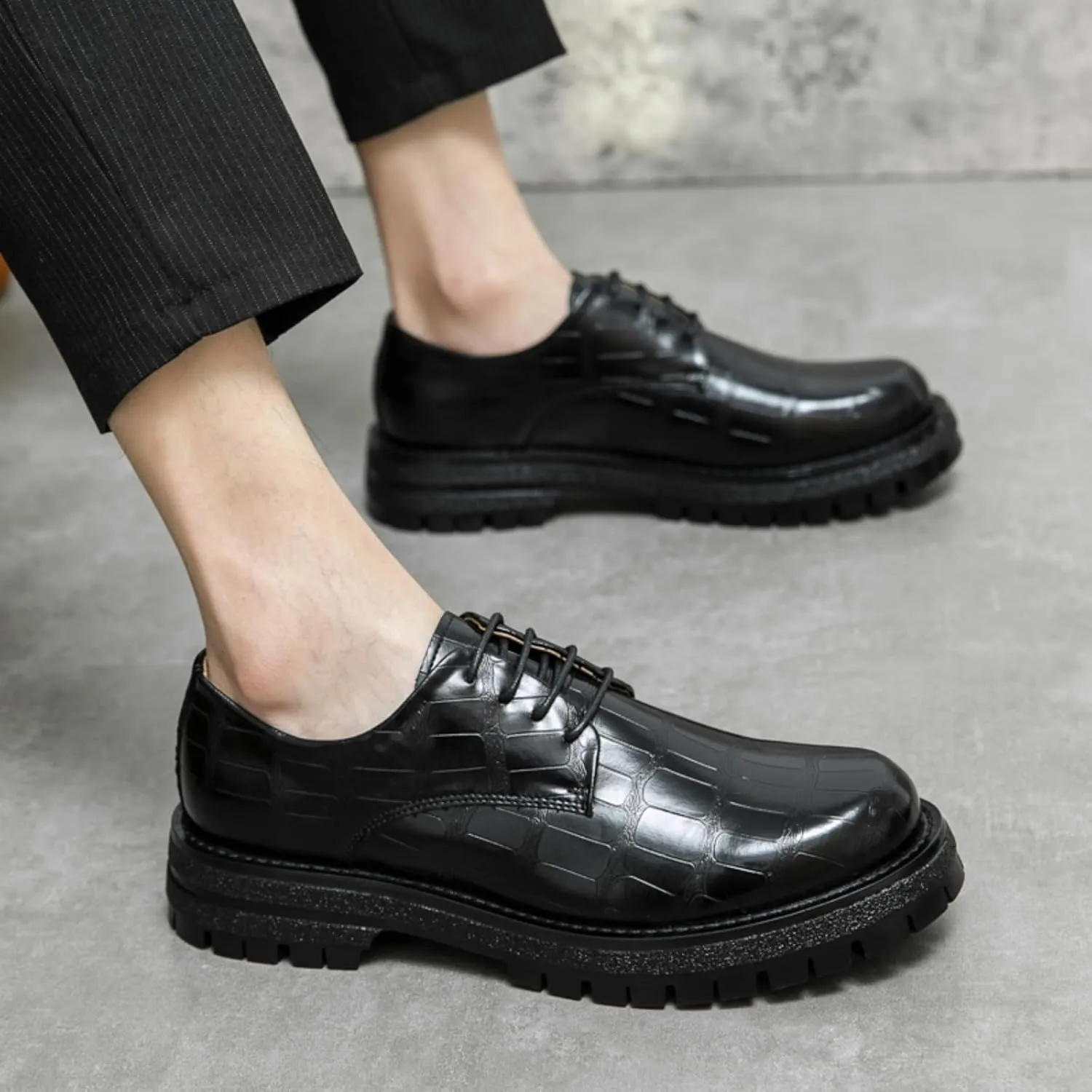 Mens Retro Stone Grain Patent Leather Lace Up Platform Dress Oxfords Shoes Low Top Non-Slip Chunky Dreby Shoes for Formal Business Wedding