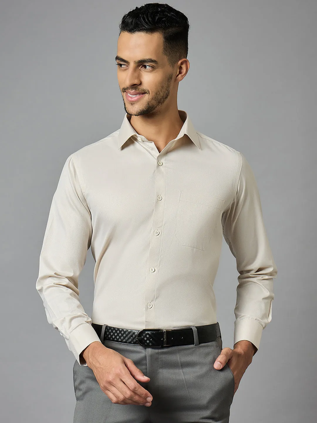 Men's Textured Beige Full Sleeves Regular Fit Formal Shirt