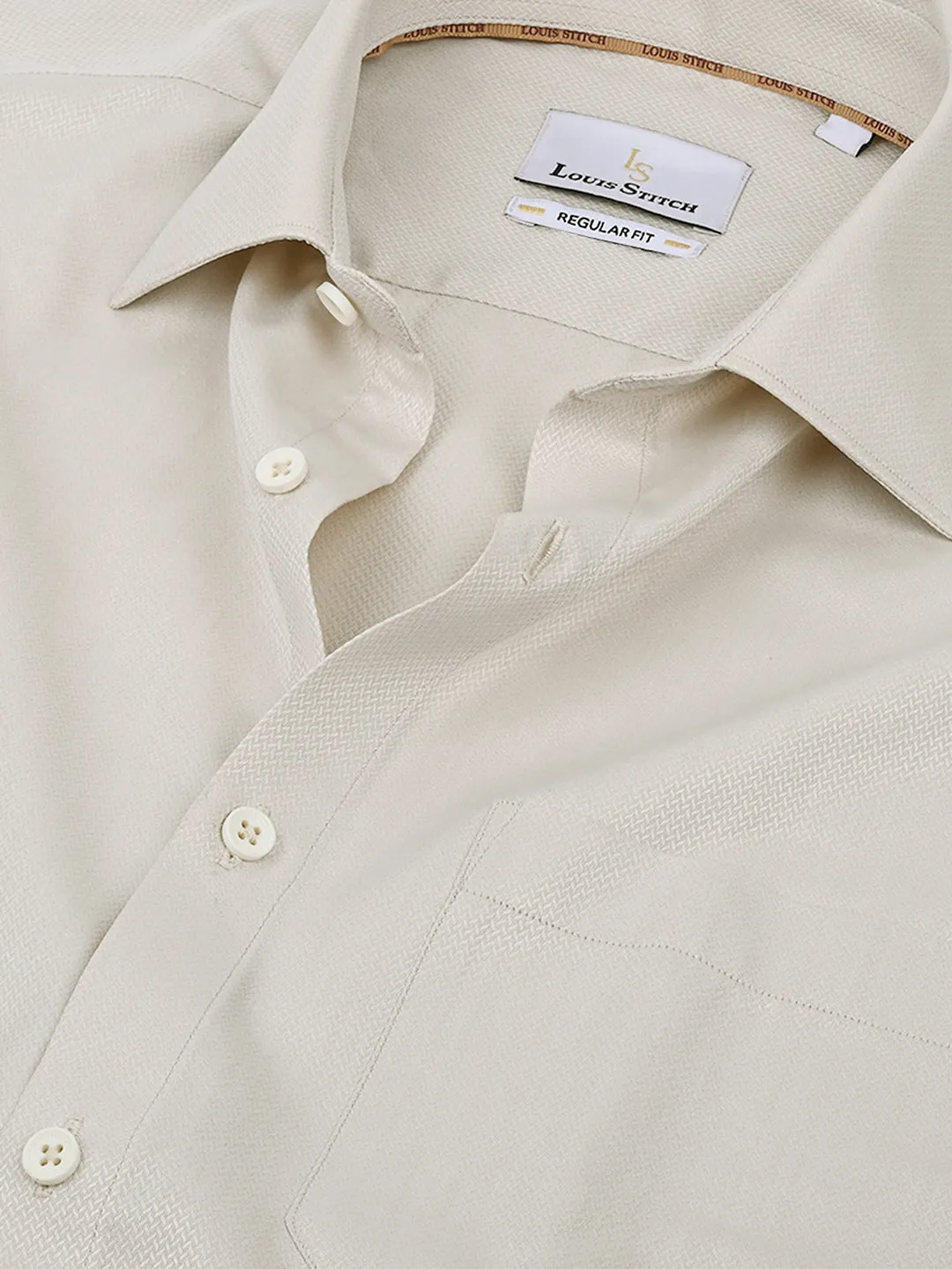 Men's Textured Beige Full Sleeves Regular Fit Formal Shirt