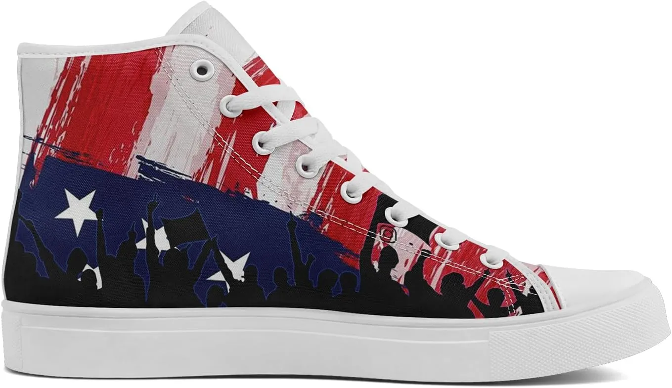 Patriotic Womens Mens Canvas Sneakers American Flag Stars High Top Fashion Tennis Shoes Lace Up Casual Walking Shoes