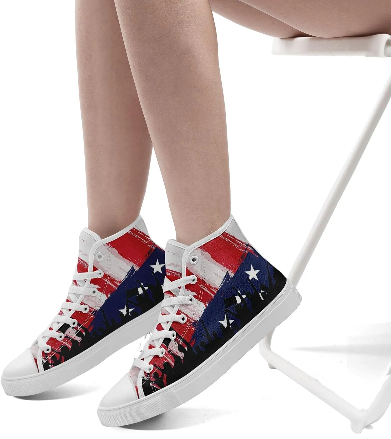 Patriotic Womens Mens Canvas Sneakers American Flag Stars High Top Fashion Tennis Shoes Lace Up Casual Walking Shoes