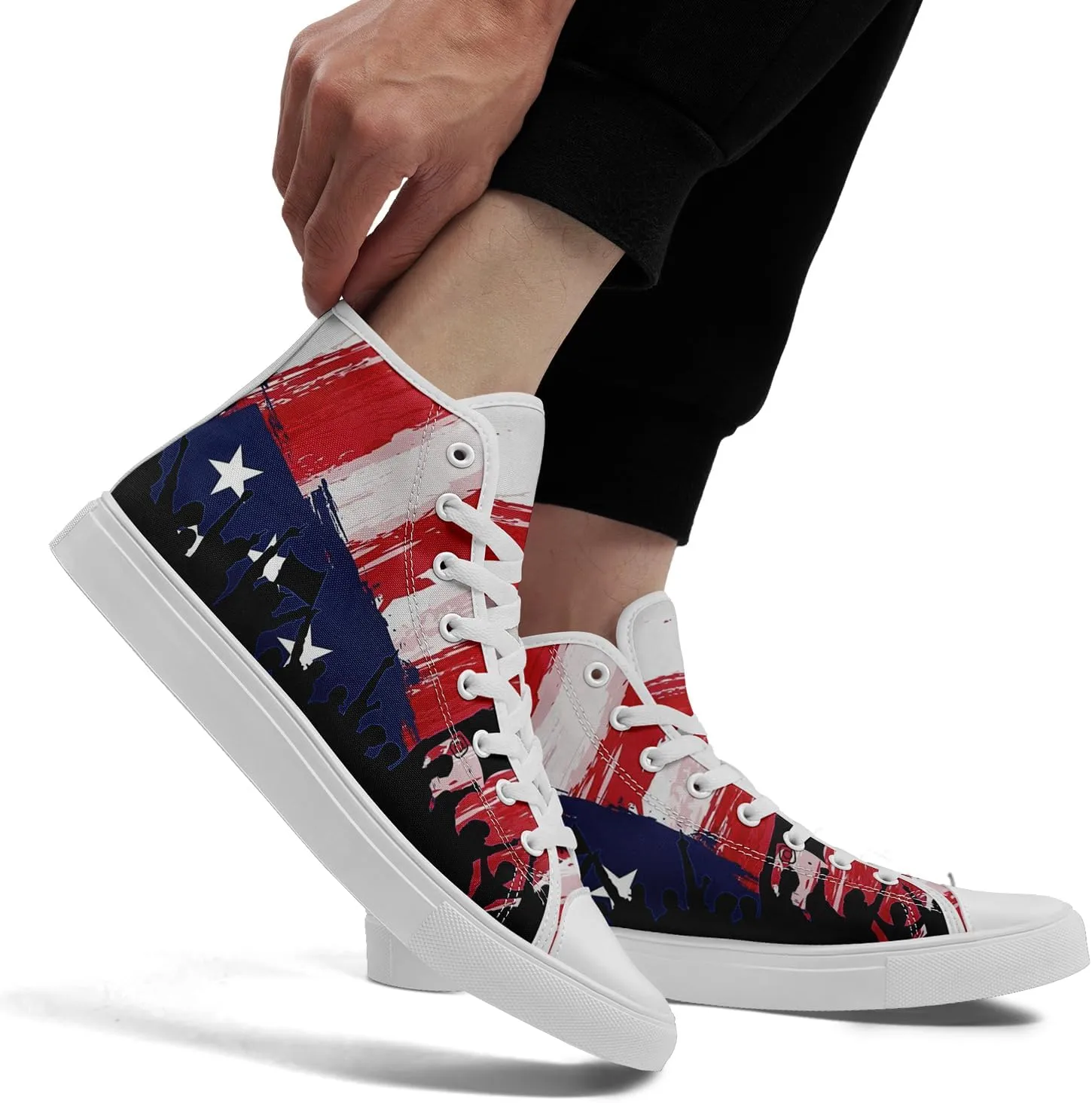 Patriotic Womens Mens Canvas Sneakers American Flag Stars High Top Fashion Tennis Shoes Lace Up Casual Walking Shoes