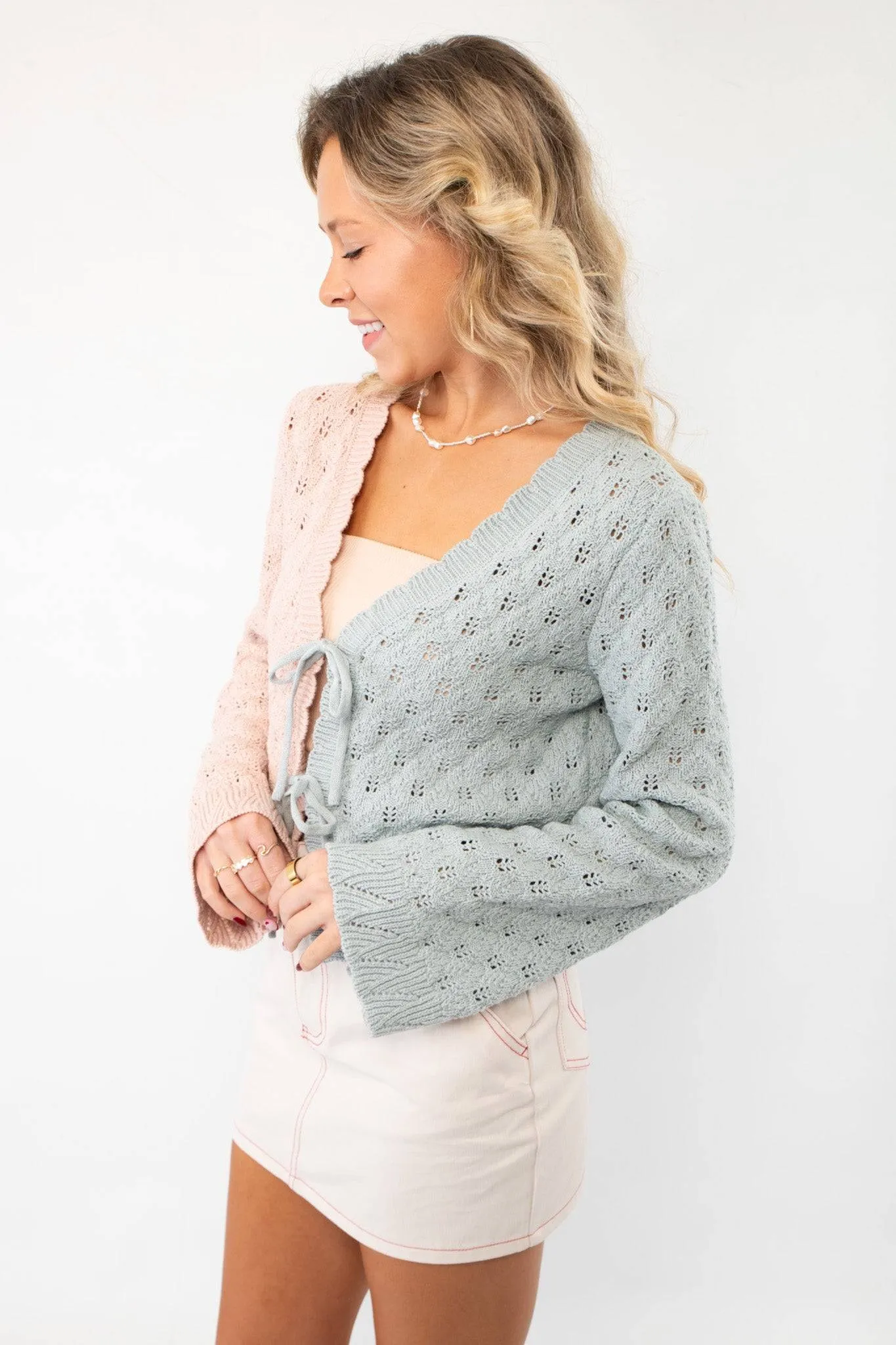 Perfect Clarity Color Block Pink & Blue Tie Front Cardigan