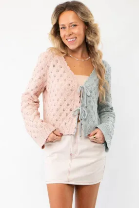 Perfect Clarity Color Block Pink & Blue Tie Front Cardigan