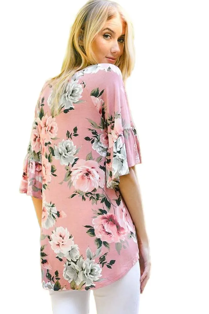 Pink Big Floral Print Ruffle Sleeve Top