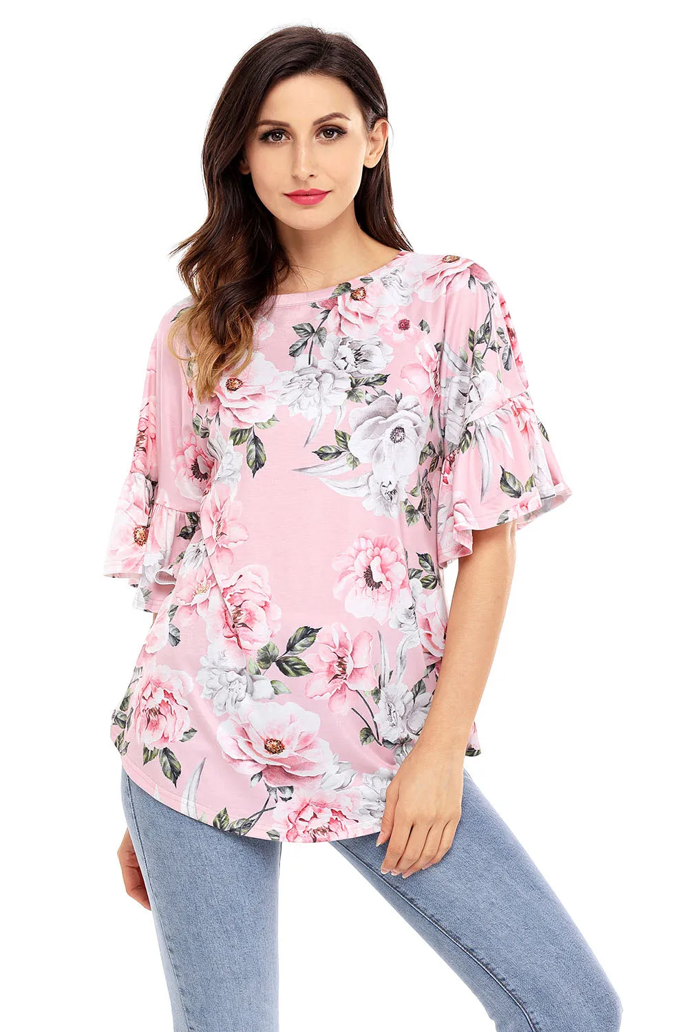 Pink Big Floral Print Ruffle Sleeve Top