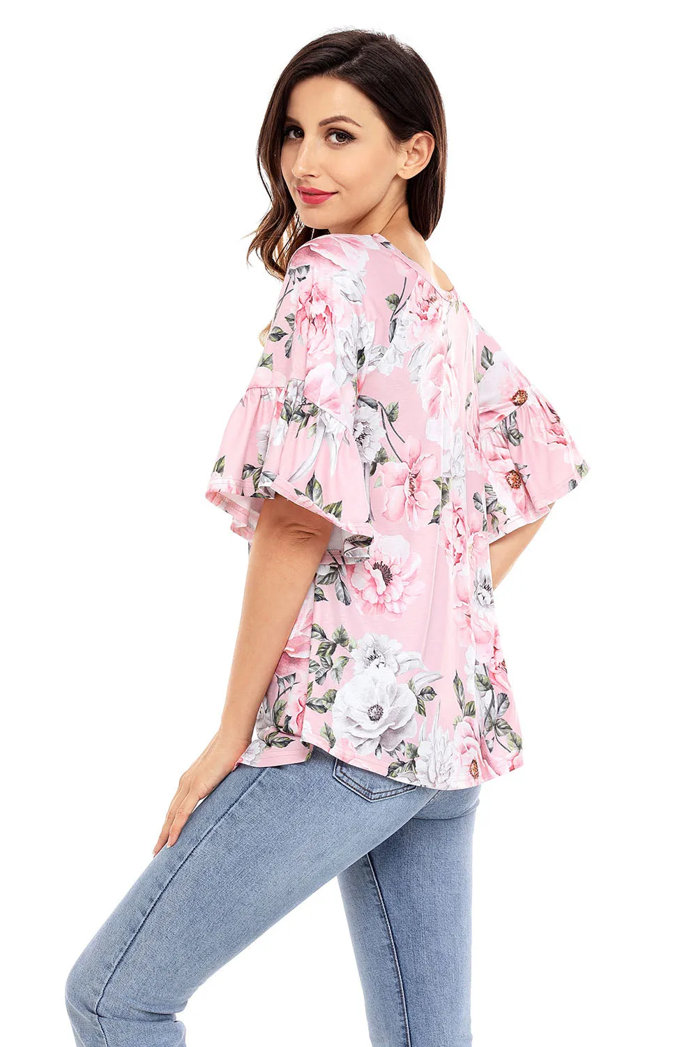 Pink Big Floral Print Ruffle Sleeve Top