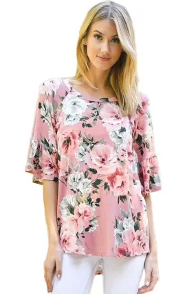 Pink Big Floral Print Ruffle Sleeve Top
